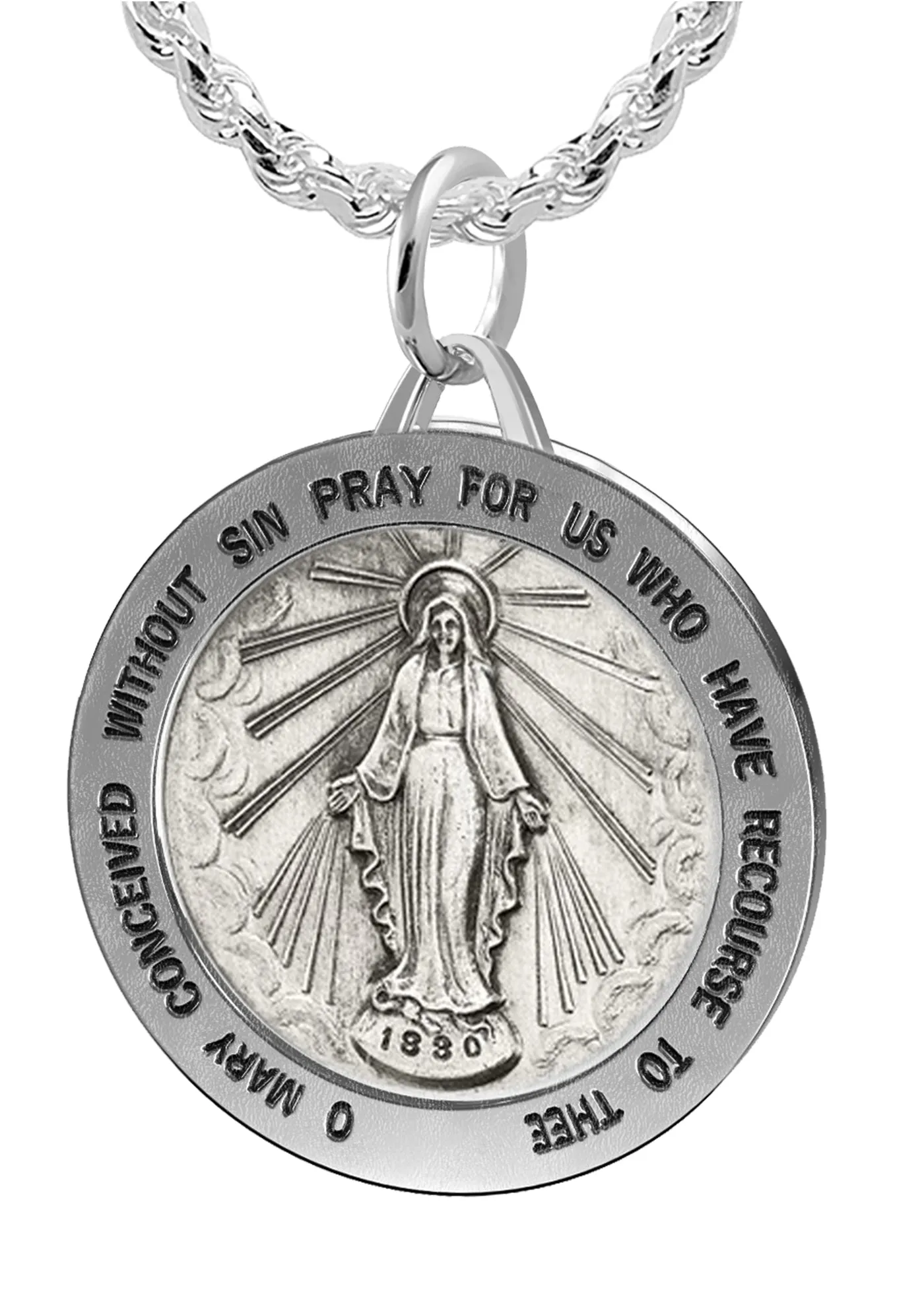Ladies 925 Sterling Silver Large Miraculous Virgin Mary Antiqued Pendant Necklace, 25mm