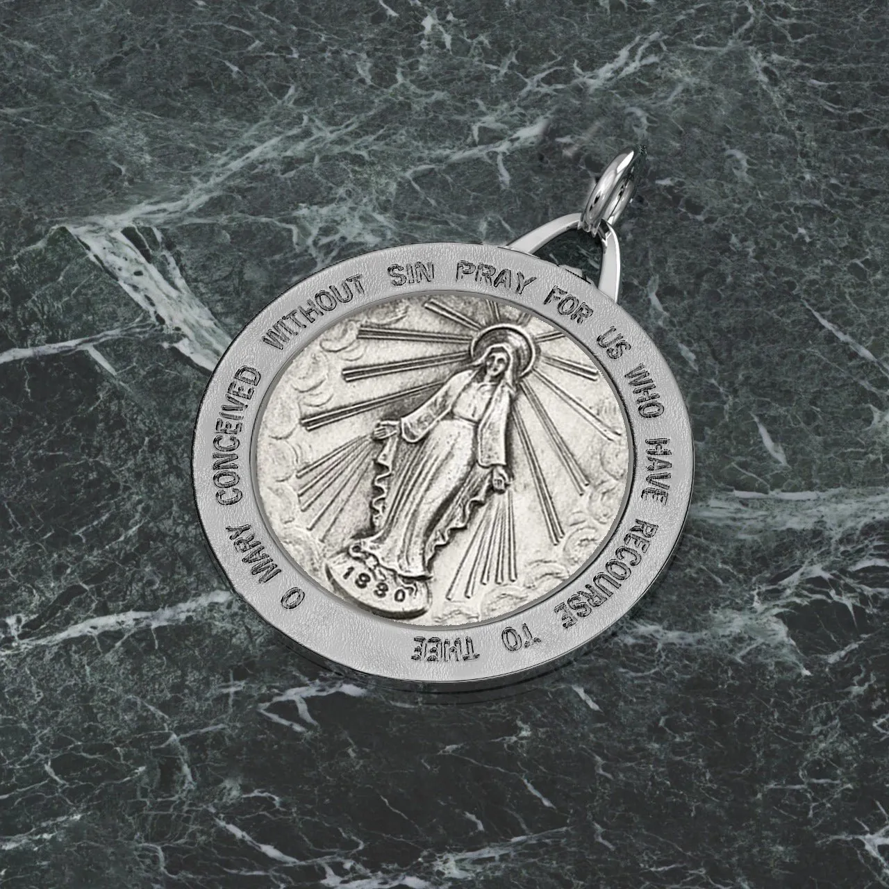 Ladies 925 Sterling Silver Large Miraculous Virgin Mary Antiqued Pendant Necklace, 25mm