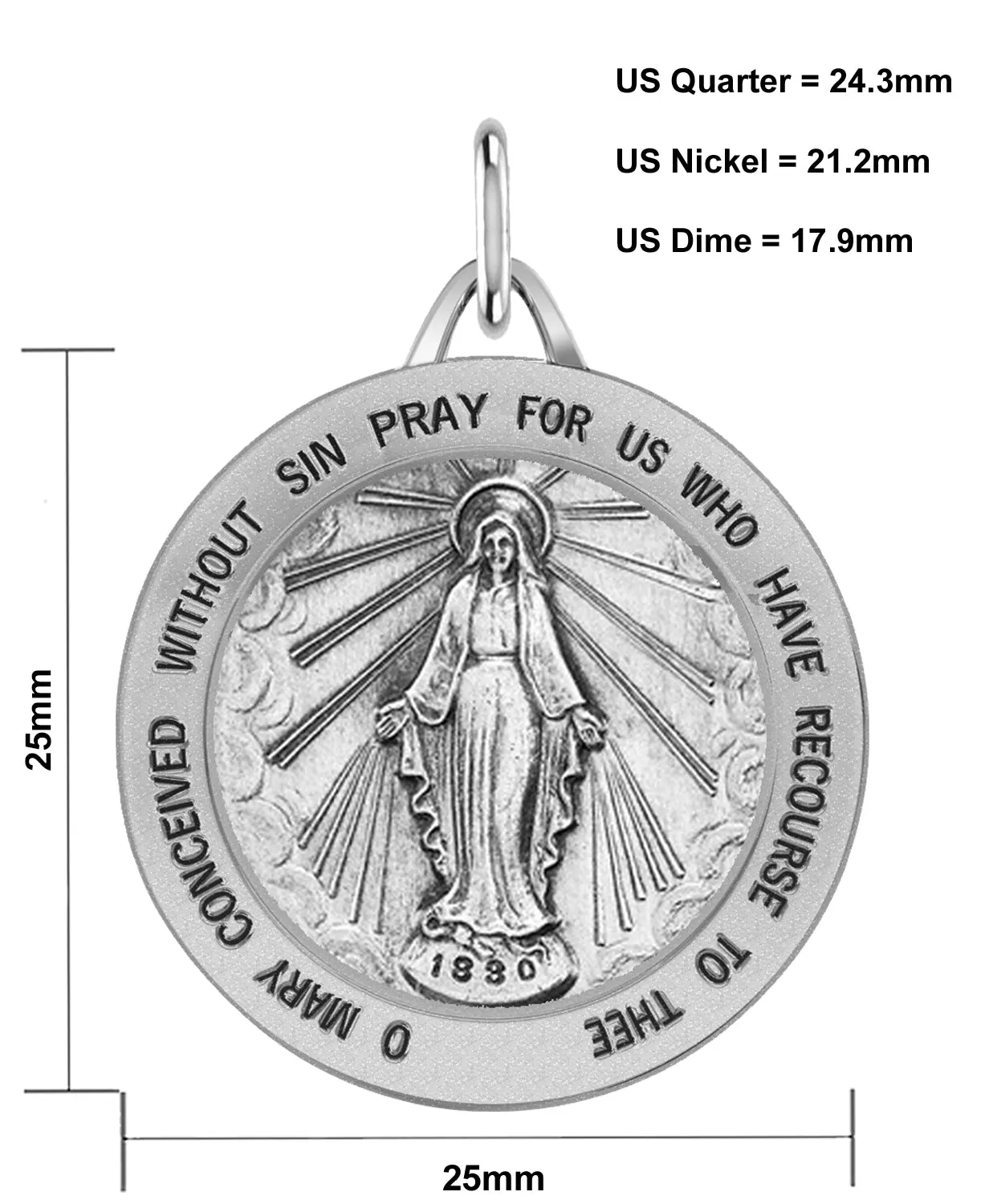 Ladies 925 Sterling Silver Large Miraculous Virgin Mary Antiqued Pendant Necklace, 25mm