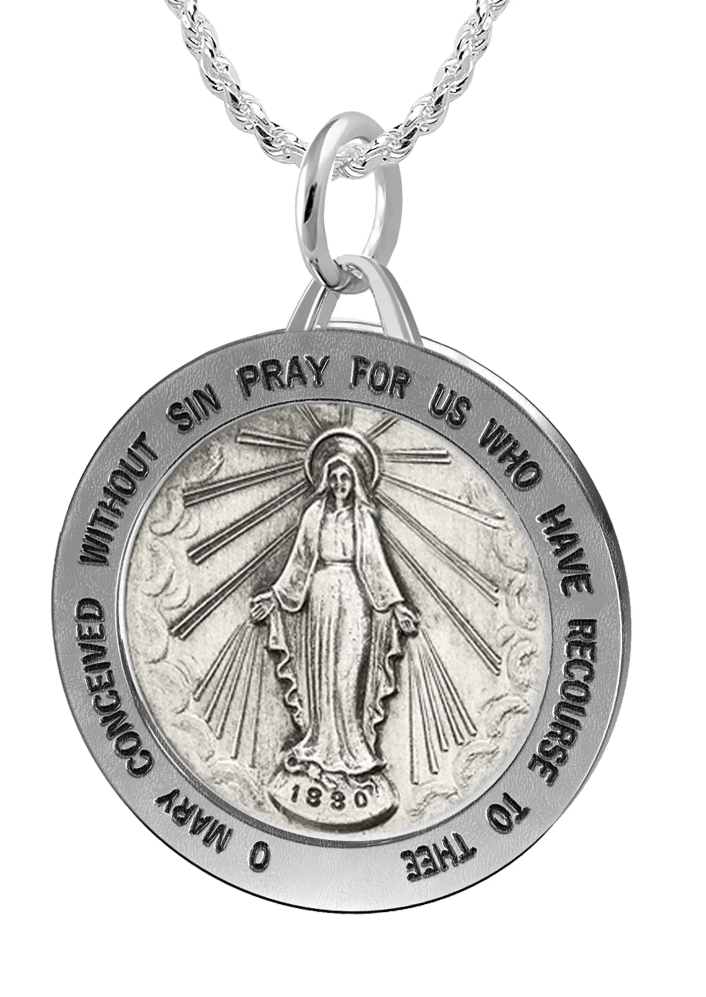 Ladies 925 Sterling Silver Large Miraculous Virgin Mary Antiqued Pendant Necklace, 25mm