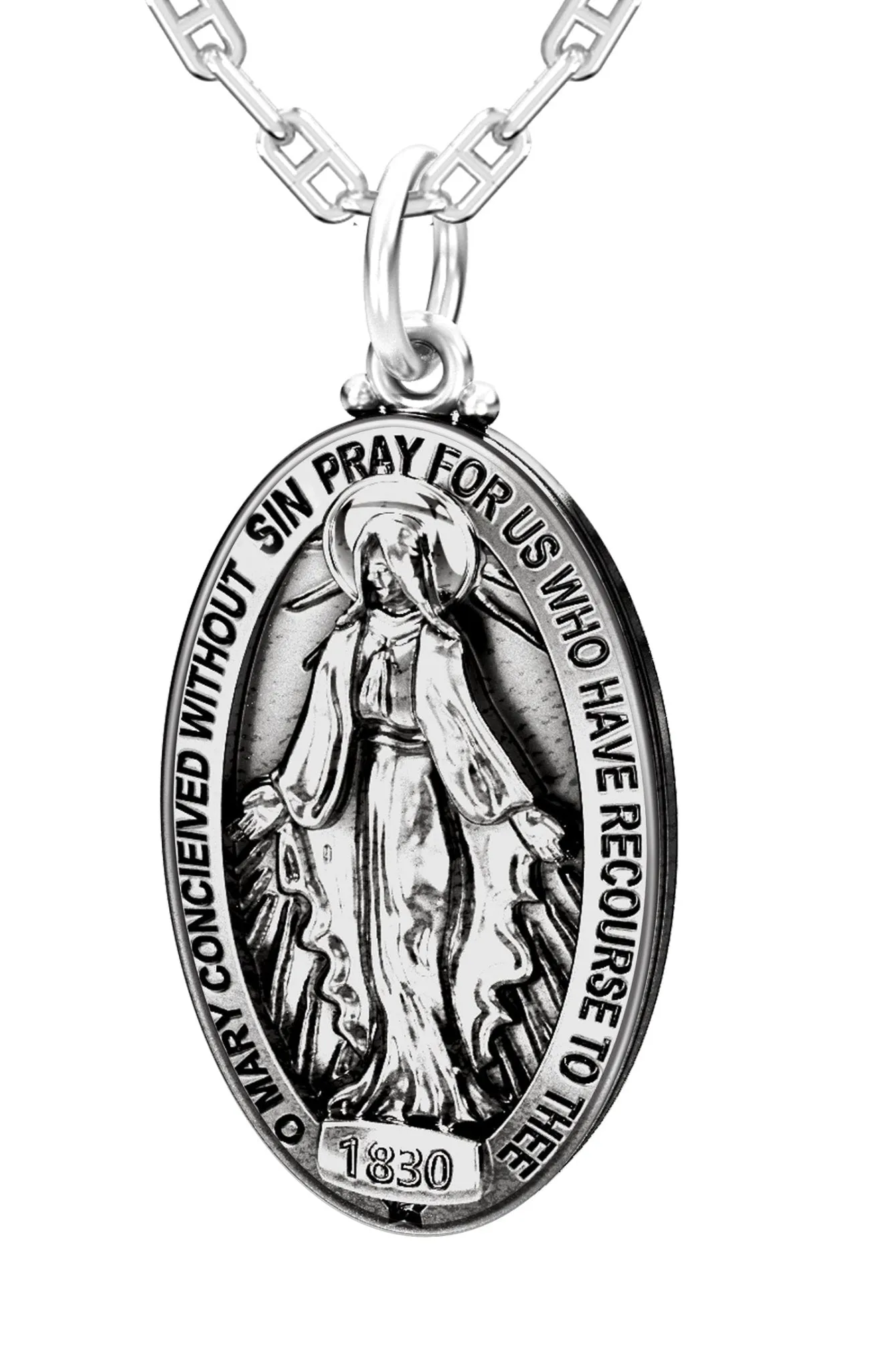 Ladies 925 Sterling Silver Oval Miraculous Virgin Mary Antique Finish Pendant Necklace, 28mm