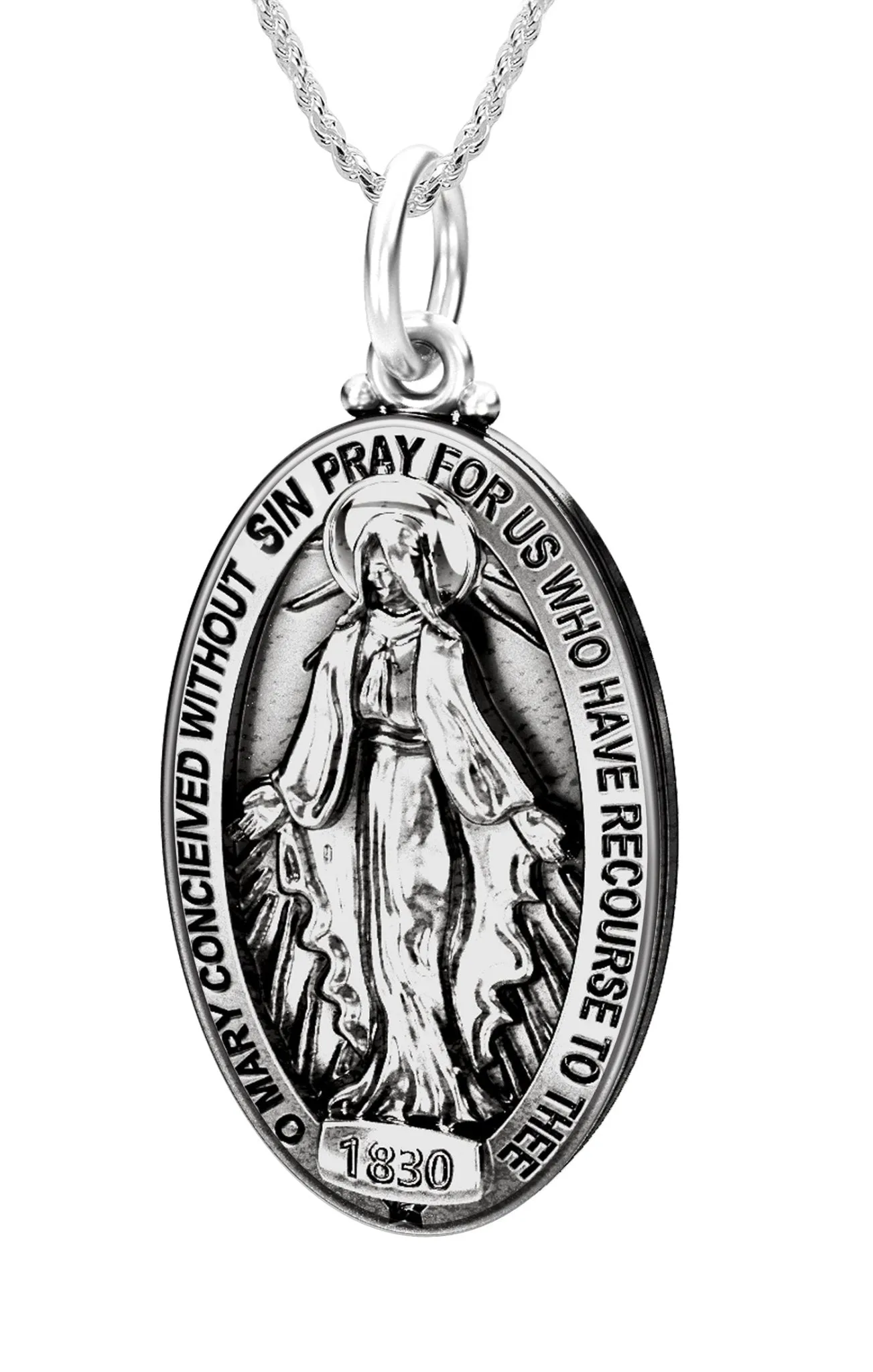Ladies 925 Sterling Silver Oval Miraculous Virgin Mary Antique Finish Pendant Necklace, 28mm
