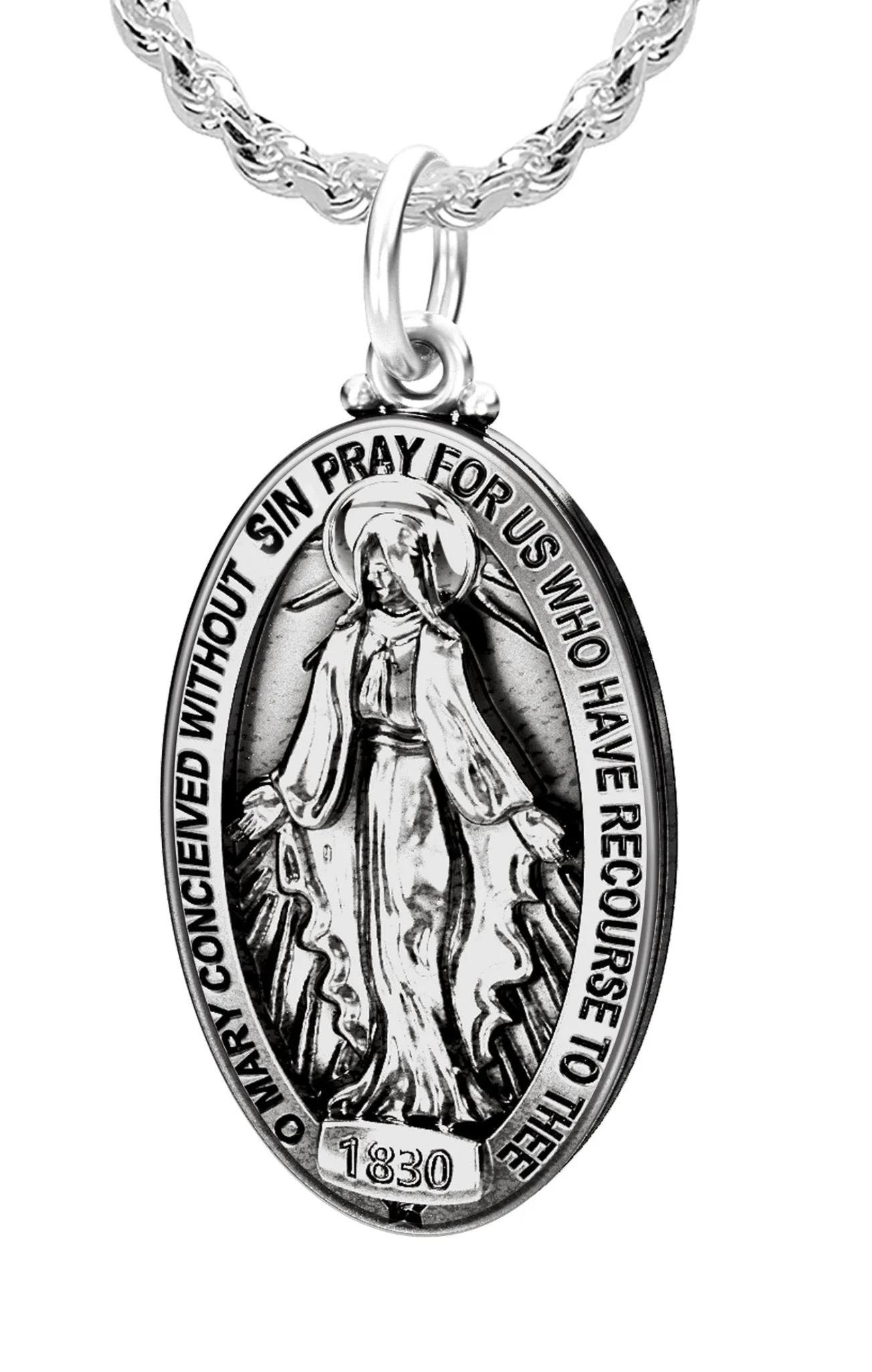 Ladies 925 Sterling Silver Oval Miraculous Virgin Mary Antique Finish Pendant Necklace, 28mm