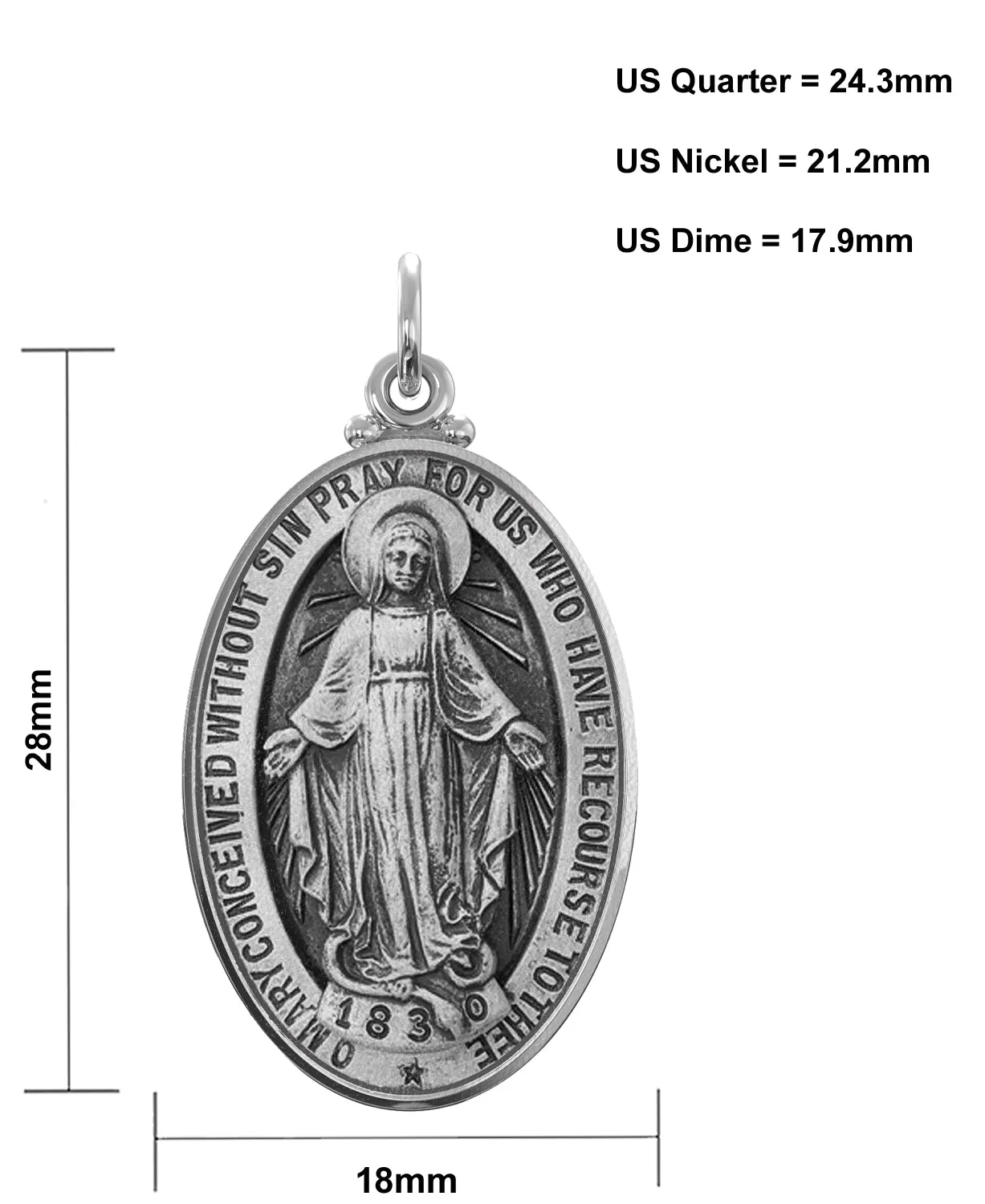 Ladies 925 Sterling Silver Oval Miraculous Virgin Mary Antique Finish Pendant Necklace, 28mm