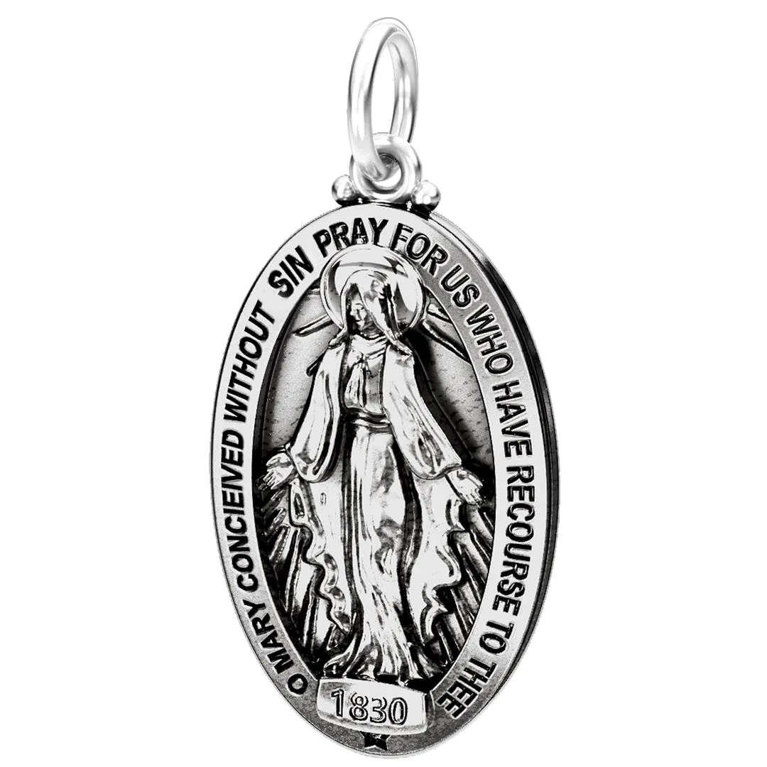 Ladies 925 Sterling Silver Oval Miraculous Virgin Mary Antique Finish Pendant Necklace, 28mm