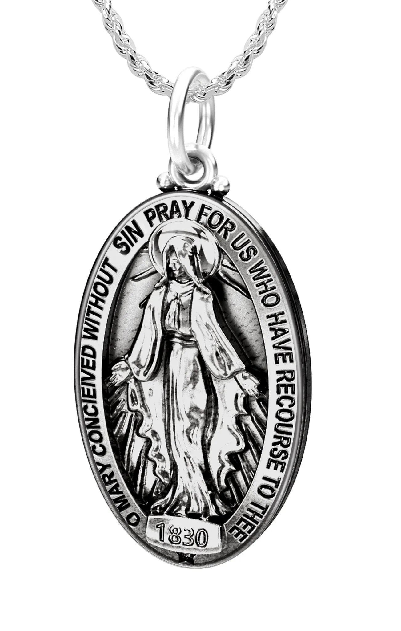 Ladies 925 Sterling Silver Oval Miraculous Virgin Mary Antique Finish Pendant Necklace, 28mm