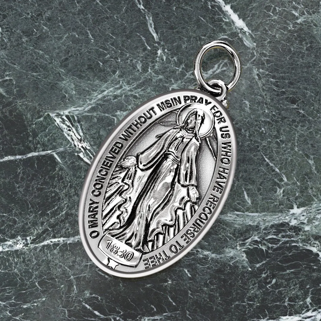 Ladies 925 Sterling Silver Oval Miraculous Virgin Mary Antique Finish Pendant Necklace, 28mm