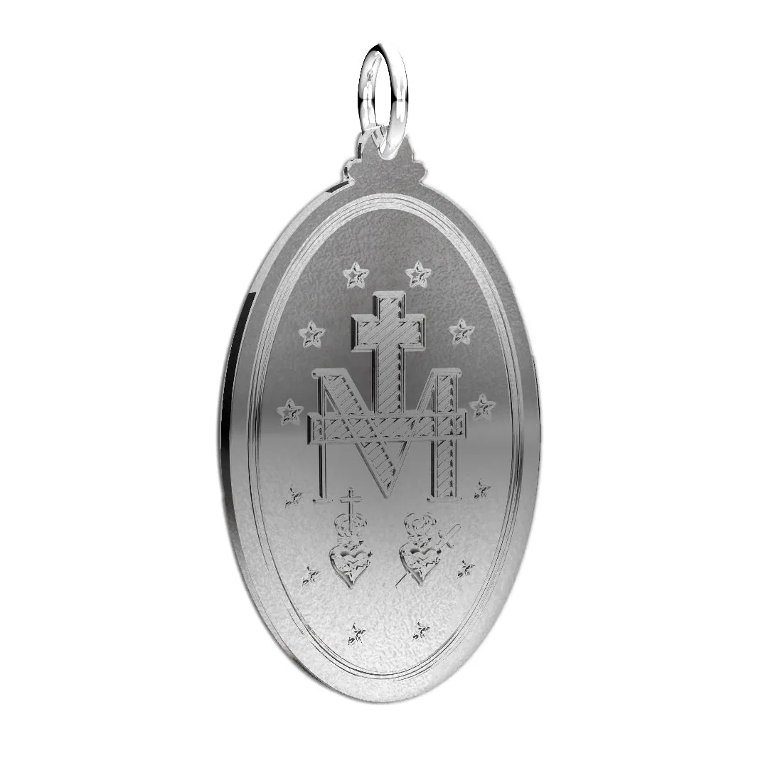 Ladies 925 Sterling Silver Oval Miraculous Virgin Mary Antique Finish Pendant Necklace, 28mm