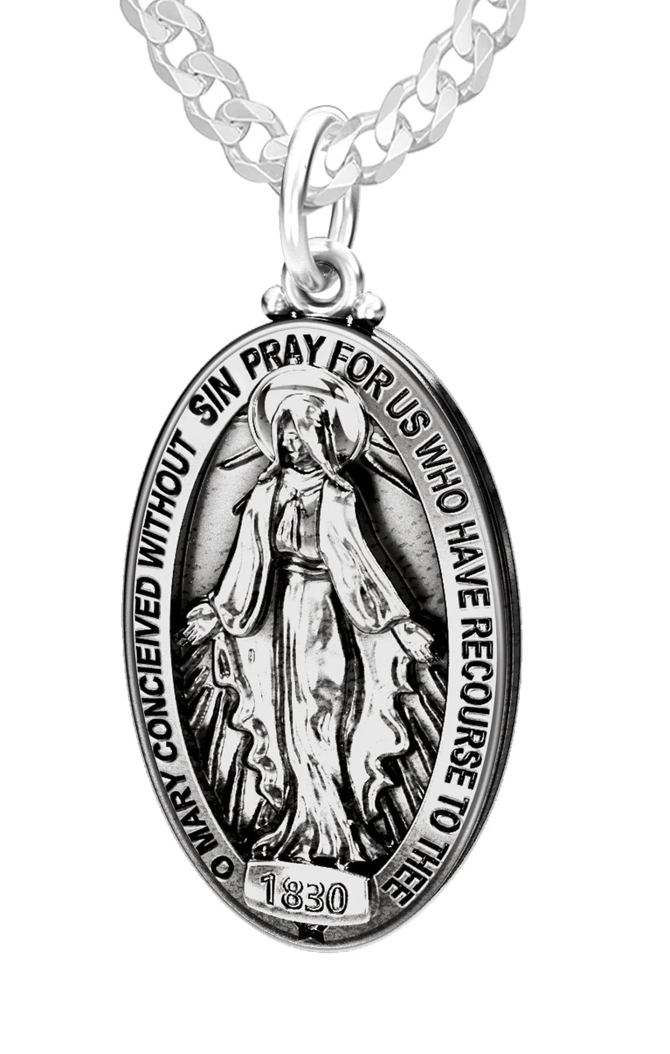 Ladies 925 Sterling Silver Oval Miraculous Virgin Mary Antique Finish Pendant Necklace, 28mm