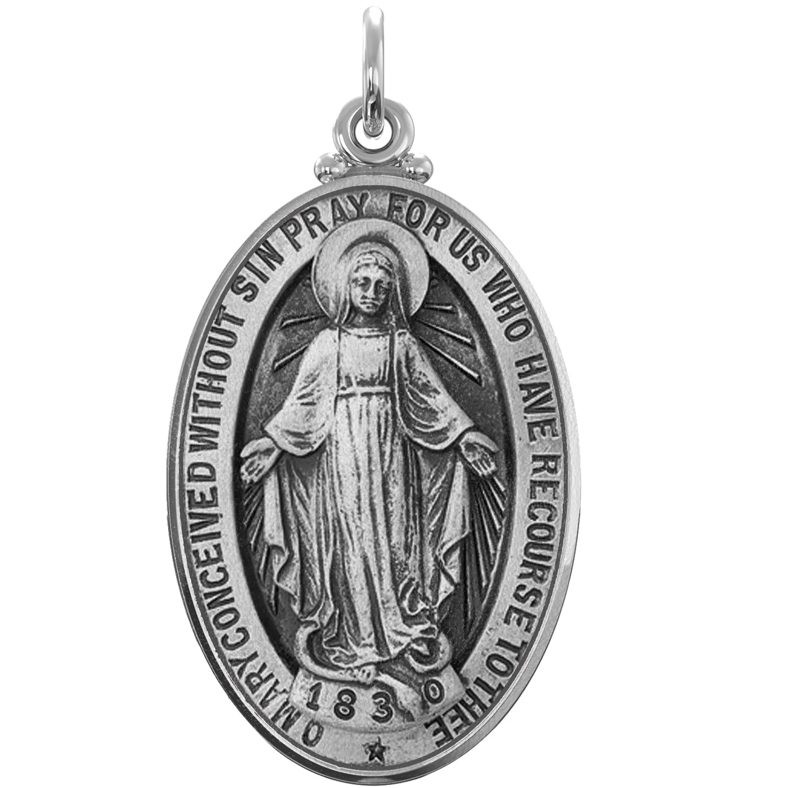 Ladies 925 Sterling Silver Oval Miraculous Virgin Mary Antique Finish Pendant Necklace, 28mm