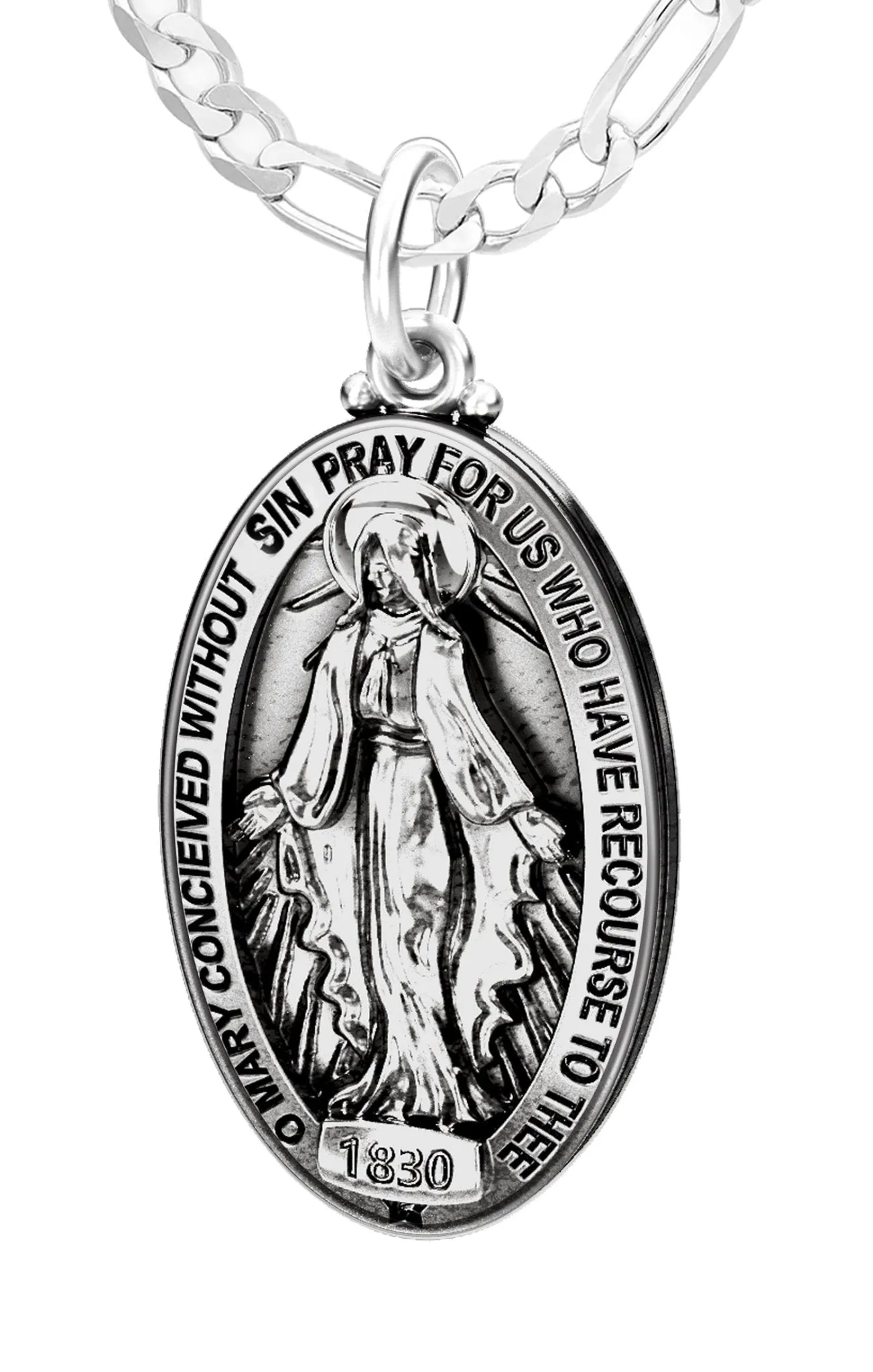 Ladies 925 Sterling Silver Oval Miraculous Virgin Mary Antique Finish Pendant Necklace, 28mm
