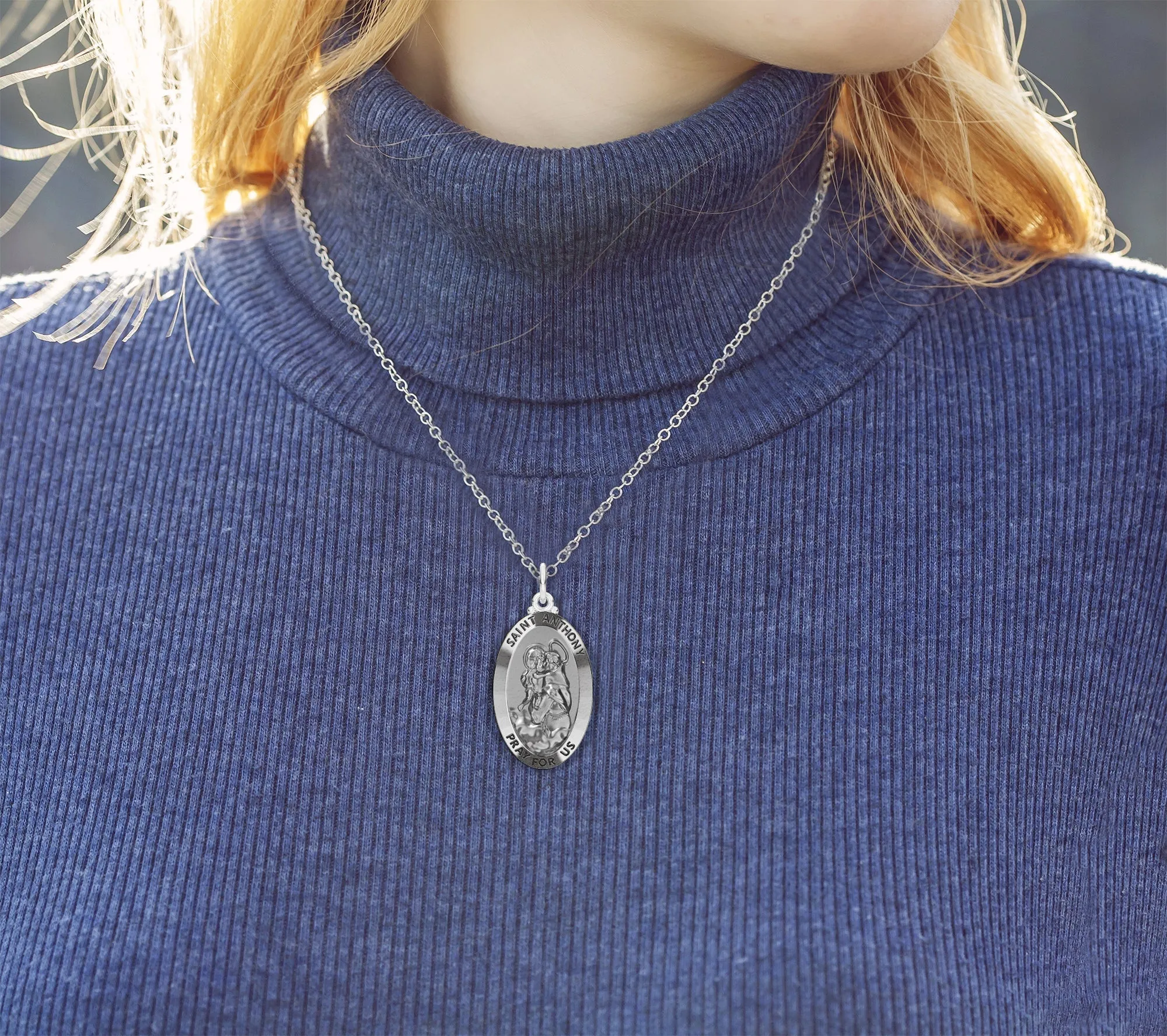 Ladies 925 Sterling Silver Saint Anthony Antique Finish Oval Pendant Necklace, 26mm