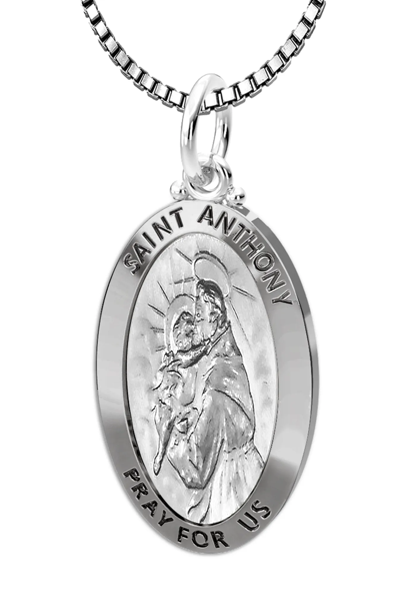 Ladies 925 Sterling Silver Saint Anthony Antique Finish Oval Pendant Necklace, 26mm
