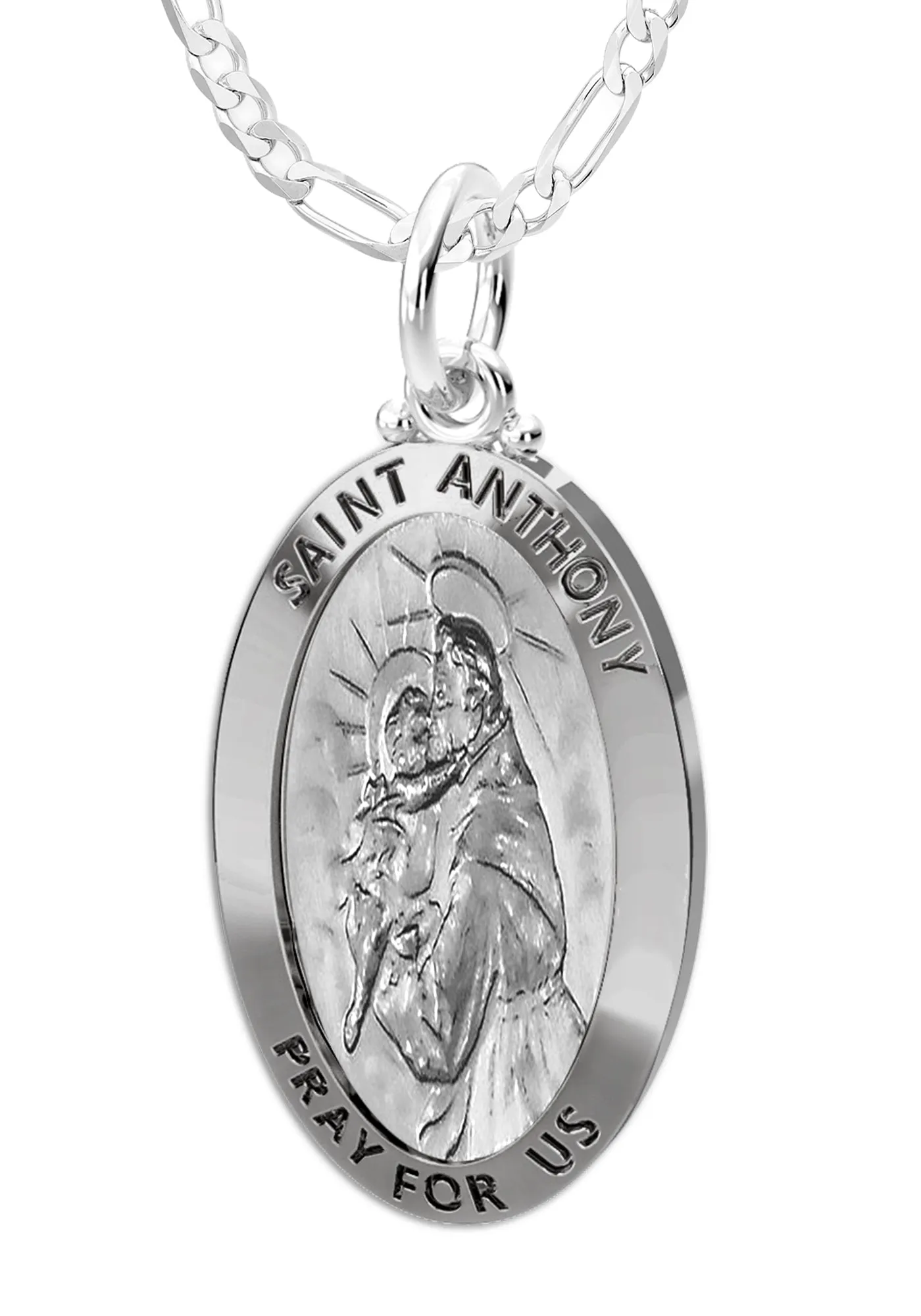 Ladies 925 Sterling Silver Saint Anthony Antique Finish Oval Pendant Necklace, 26mm