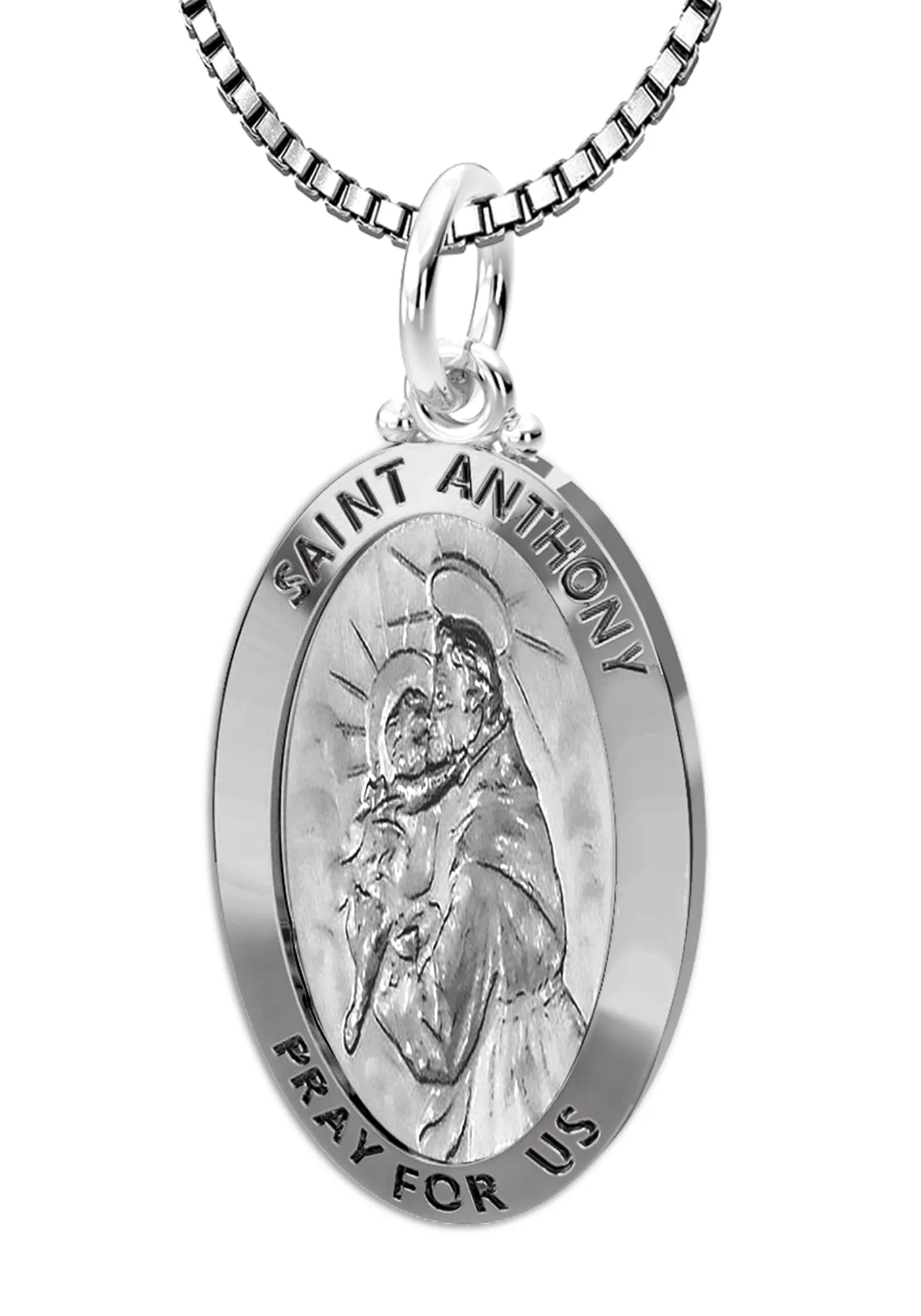 Ladies 925 Sterling Silver Saint Anthony Antique Finish Oval Pendant Necklace, 26mm