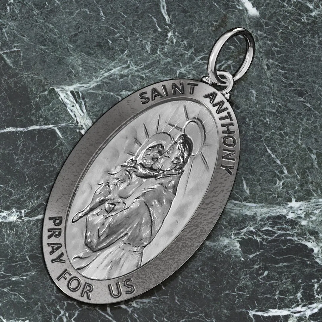 Ladies 925 Sterling Silver Saint Anthony Antique Finish Oval Pendant Necklace, 26mm