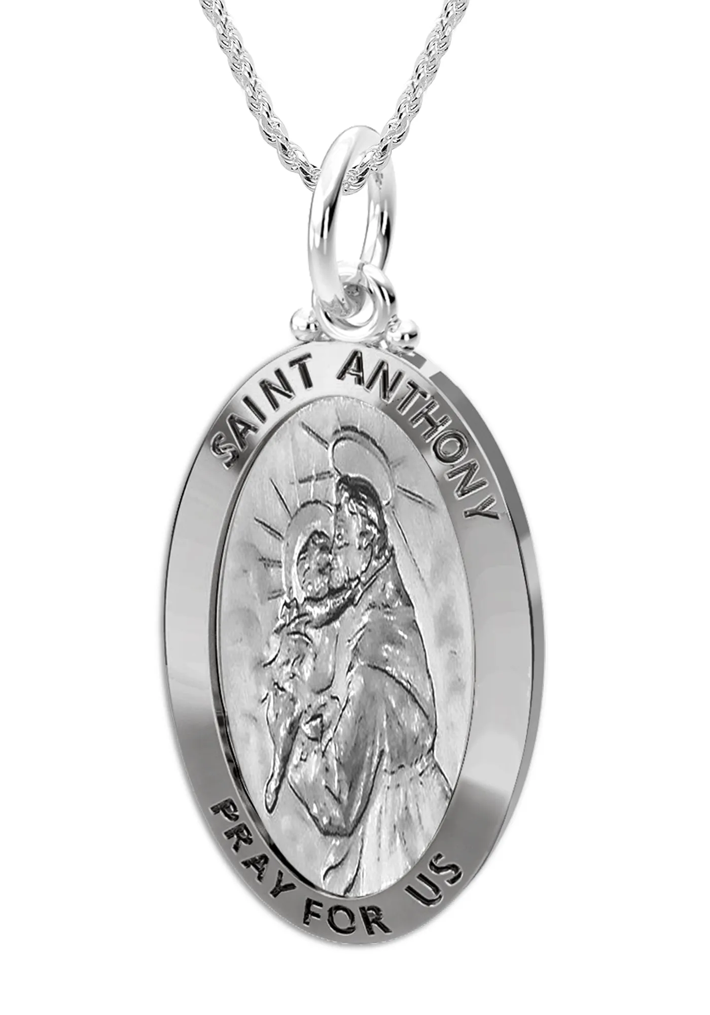 Ladies 925 Sterling Silver Saint Anthony Antique Finish Oval Pendant Necklace, 26mm