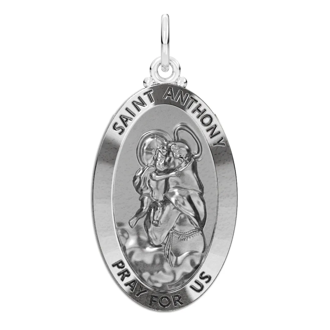 Ladies 925 Sterling Silver Saint Anthony Antique Finish Oval Pendant Necklace, 26mm