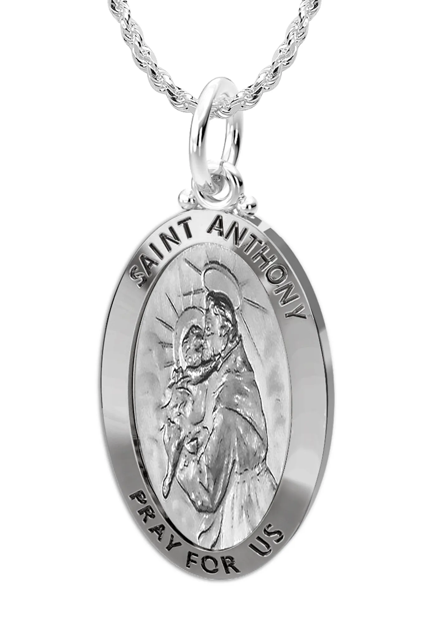 Ladies 925 Sterling Silver Saint Anthony Antique Finish Oval Pendant Necklace, 26mm