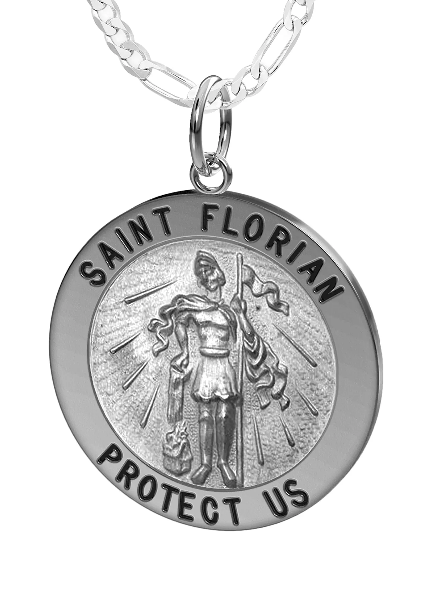 Ladies 925 Sterling Silver Saint Florian Round Antique Pendant Necklace, 22mm
