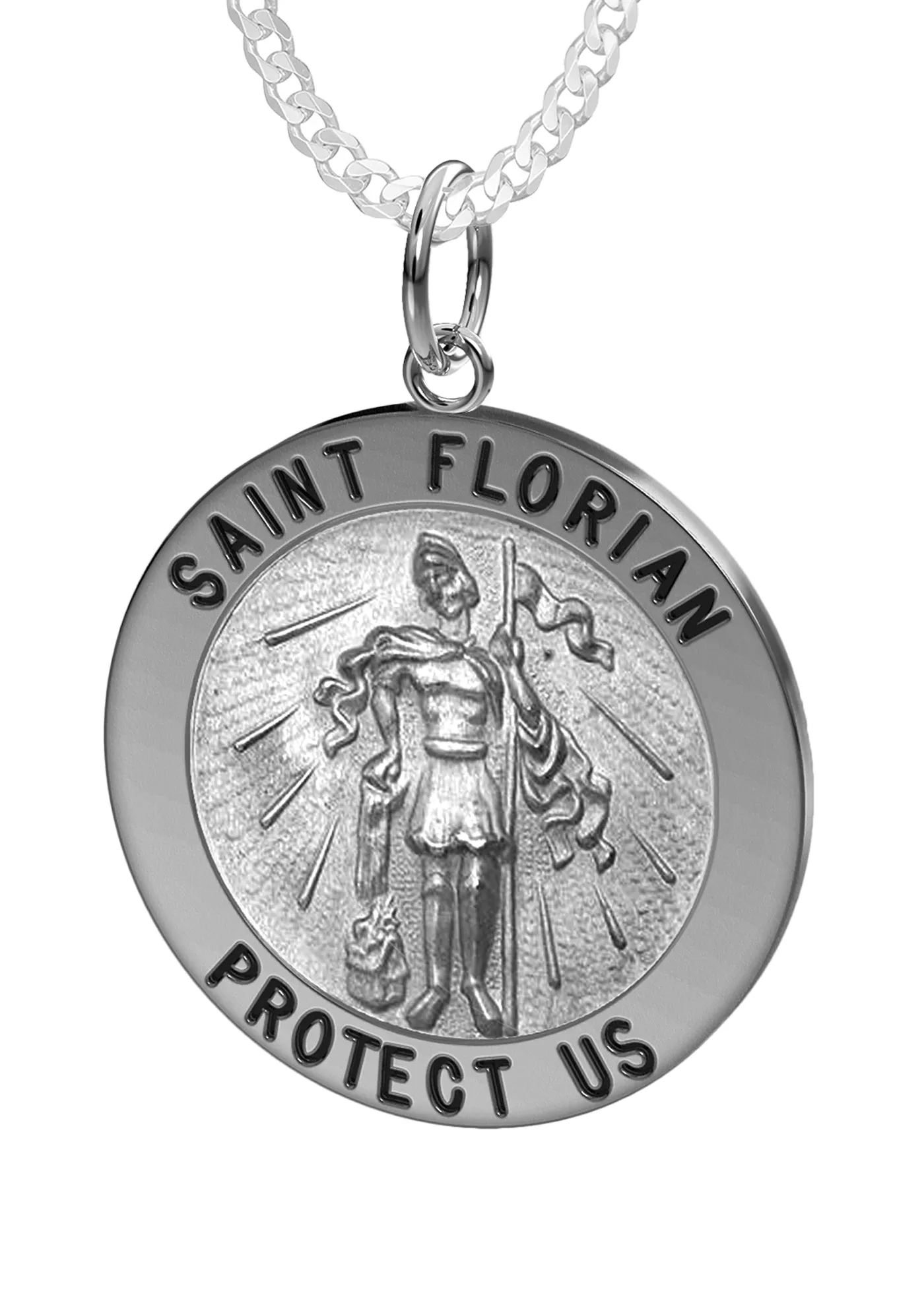Ladies 925 Sterling Silver Saint Florian Round Antique Pendant Necklace, 22mm