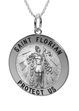 Ladies 925 Sterling Silver Saint Florian Round Antique Pendant Necklace, 22mm