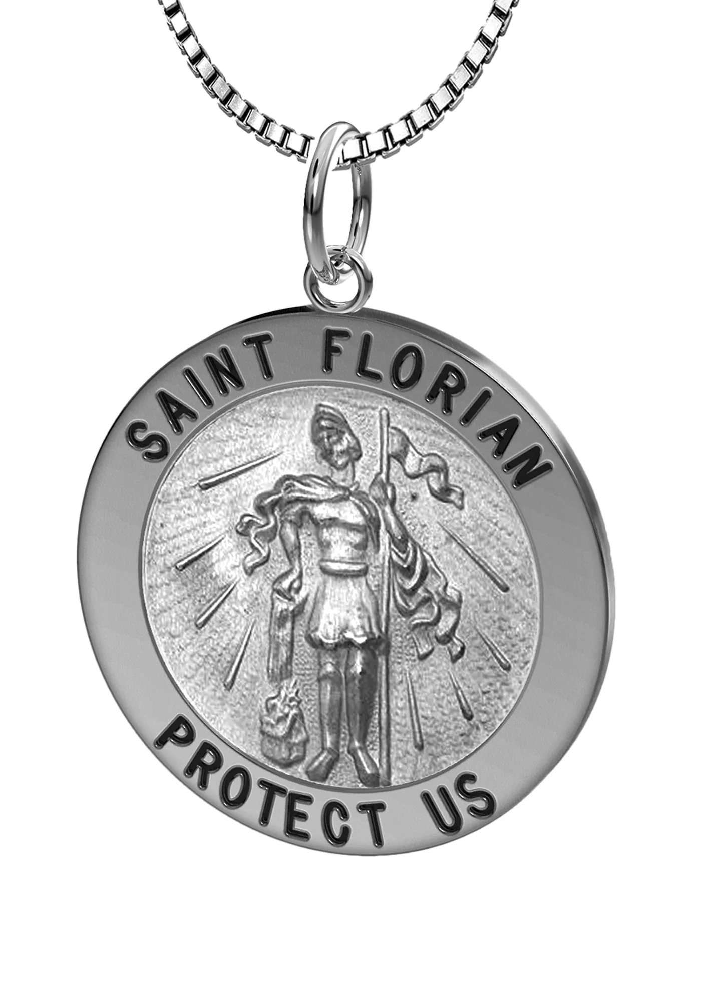Ladies 925 Sterling Silver Saint Florian Round Antique Pendant Necklace, 22mm