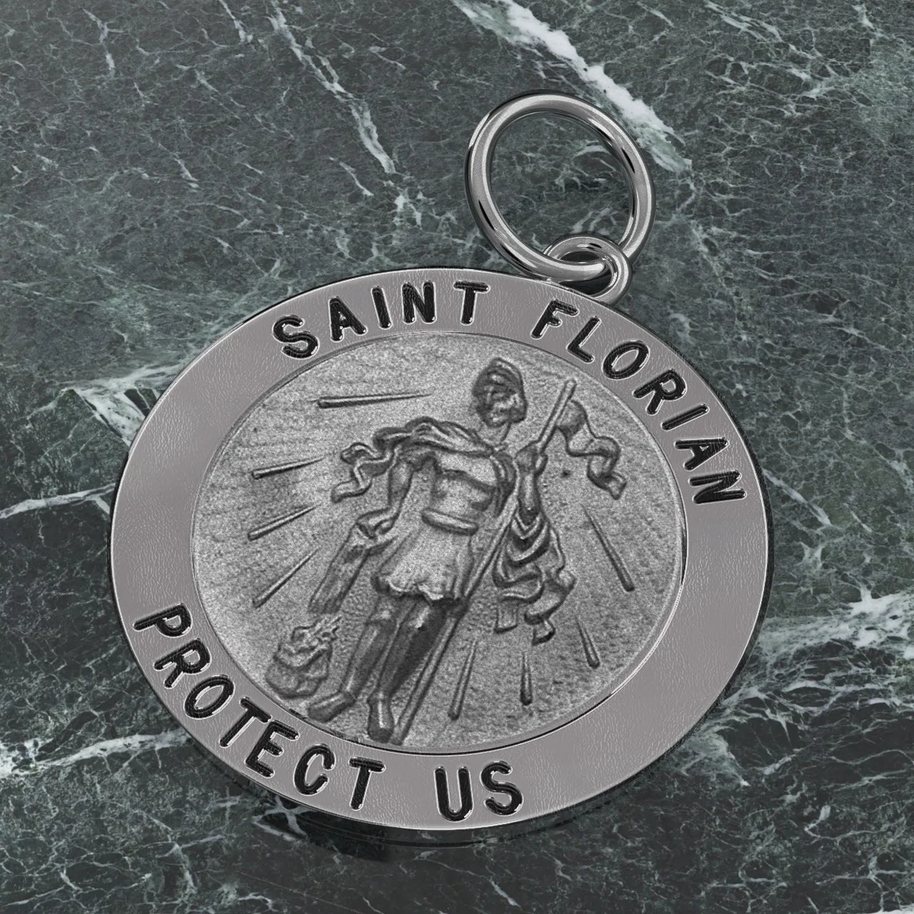 Ladies 925 Sterling Silver Saint Florian Round Antique Pendant Necklace, 22mm
