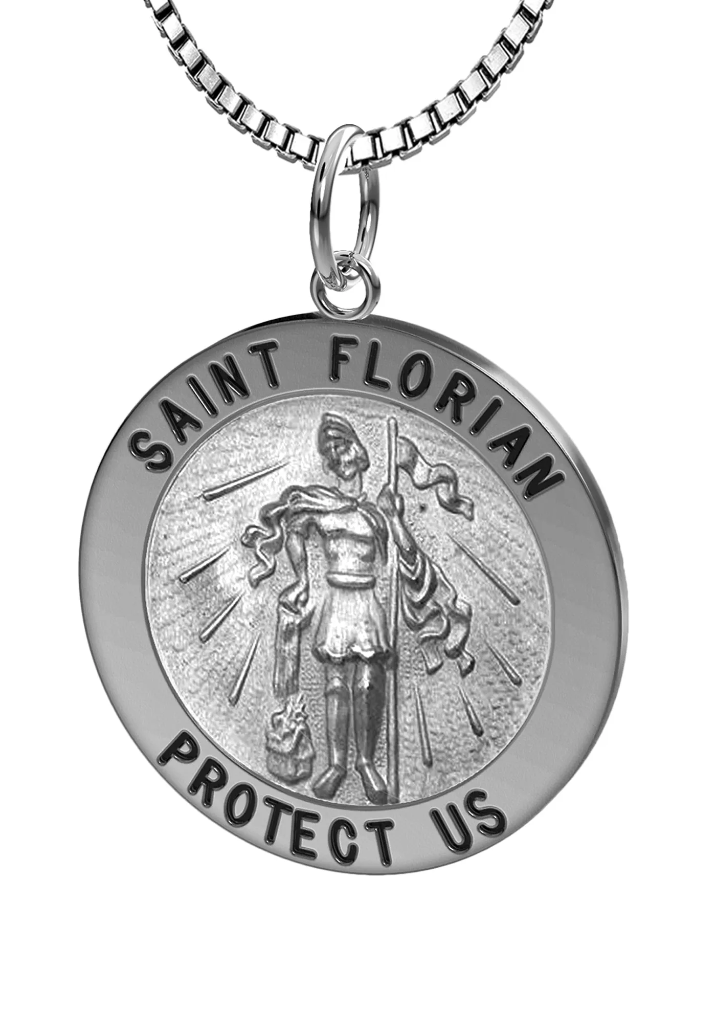 Ladies 925 Sterling Silver Saint Florian Round Antique Pendant Necklace, 22mm