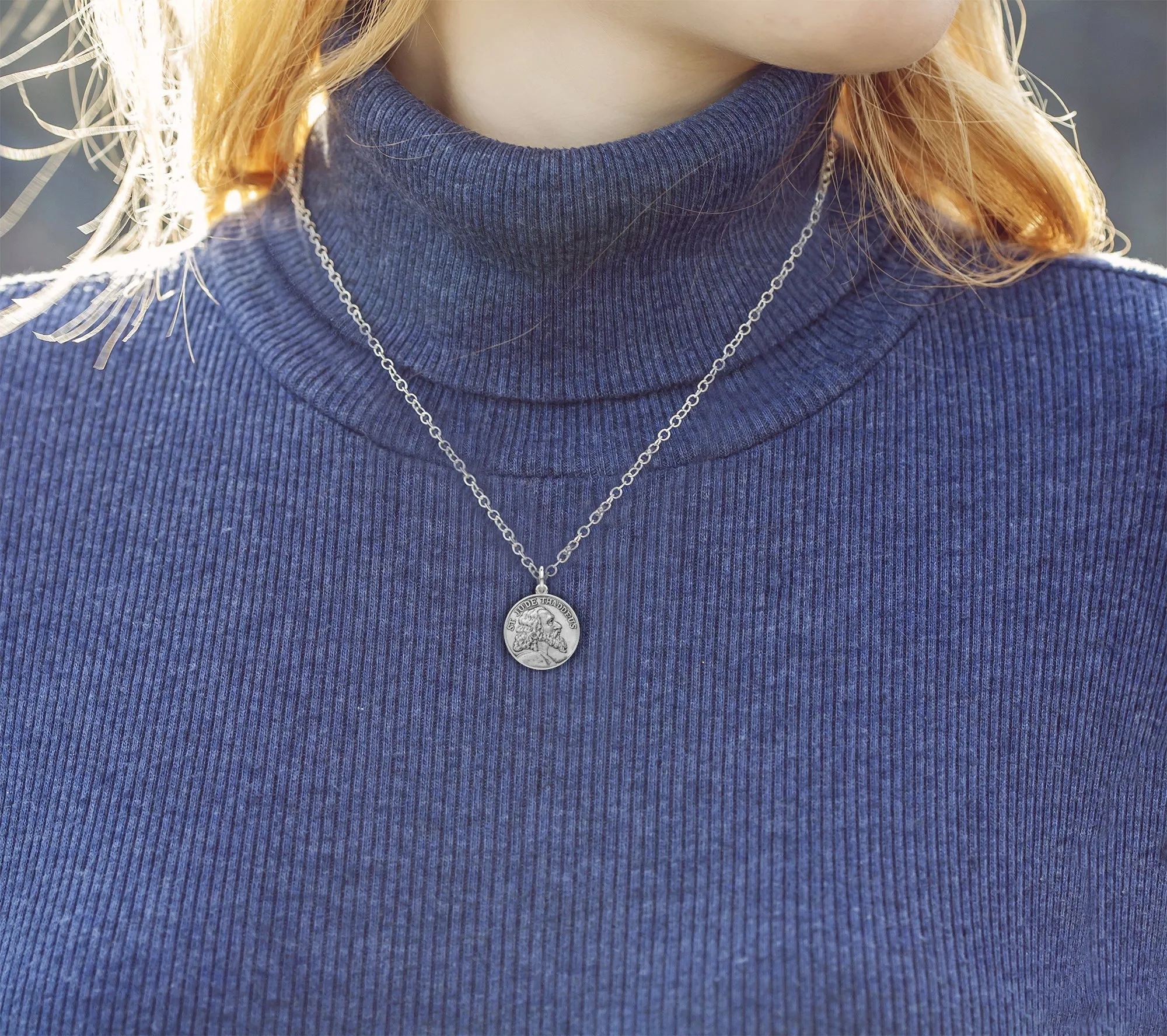 Ladies 925 Sterling Silver Saint Jude Thaddeus Round Pendant Necklace, 18mm