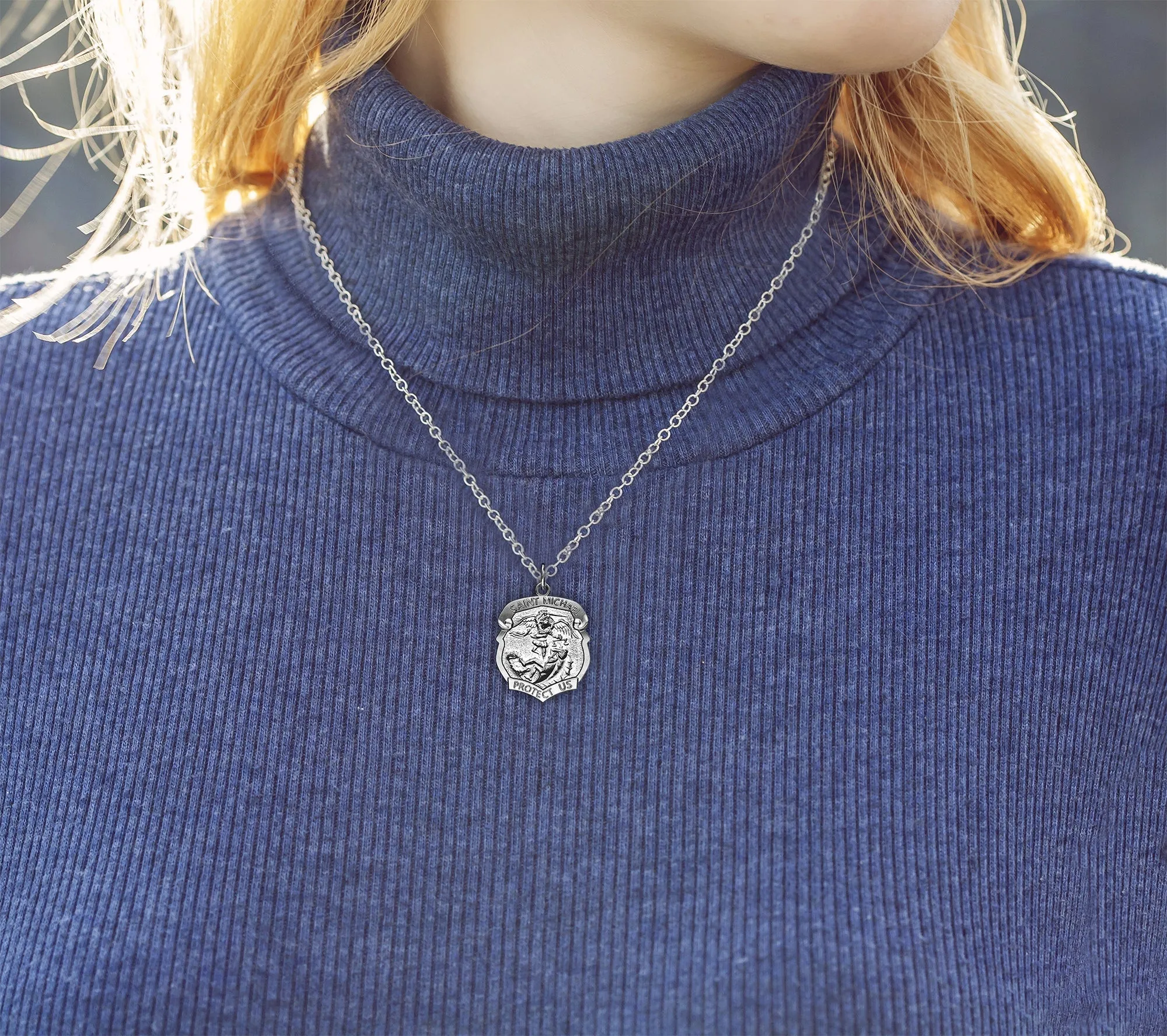 Ladies 925 Sterling Silver Saint Michael Antique Finish Shield Badge Pendant Necklace, 19mm