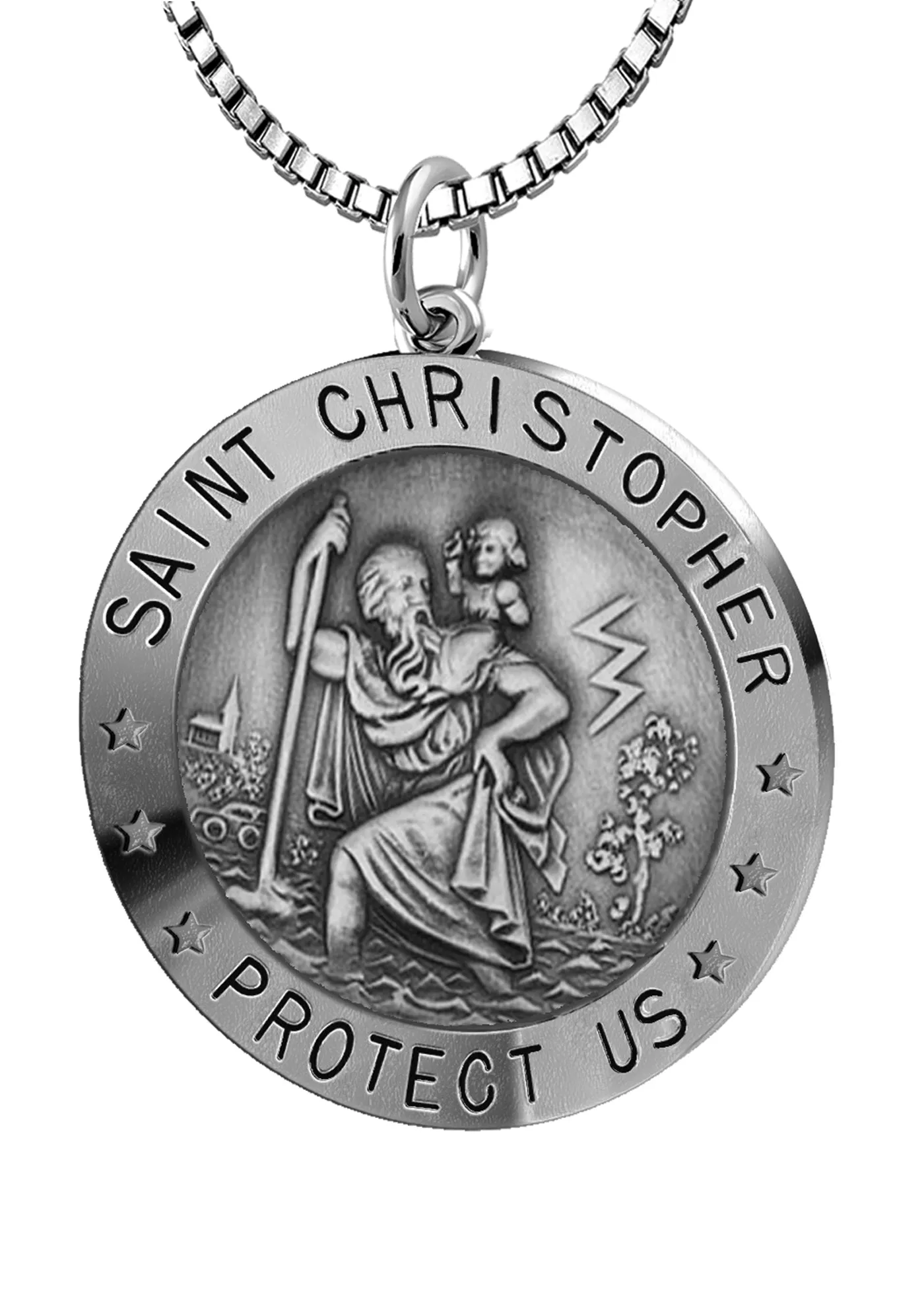 Ladies 925 Sterling Silver St Christopher Round Antique Pendant Necklace, 22mm