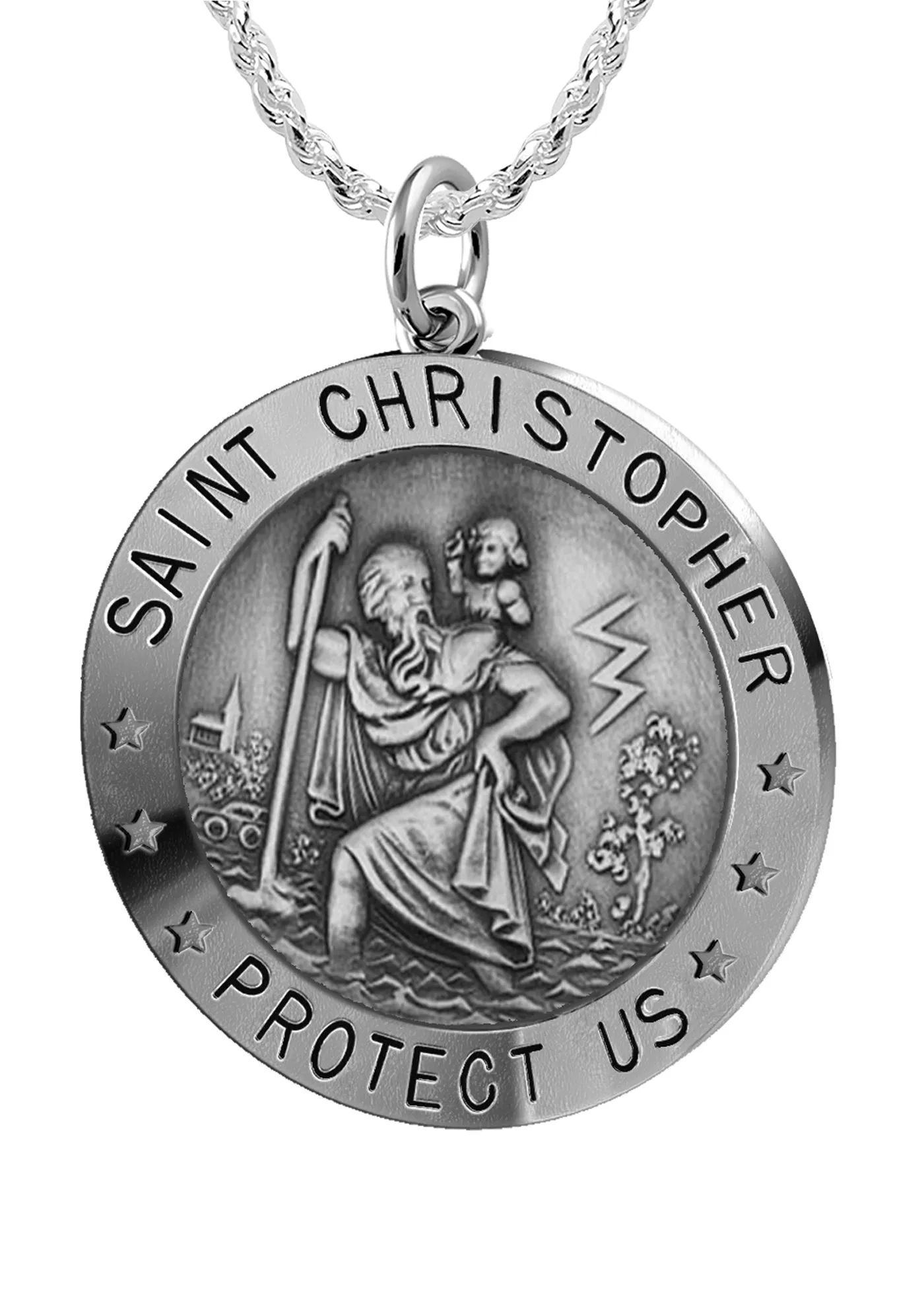 Ladies 925 Sterling Silver St Christopher Round Antique Pendant Necklace, 22mm
