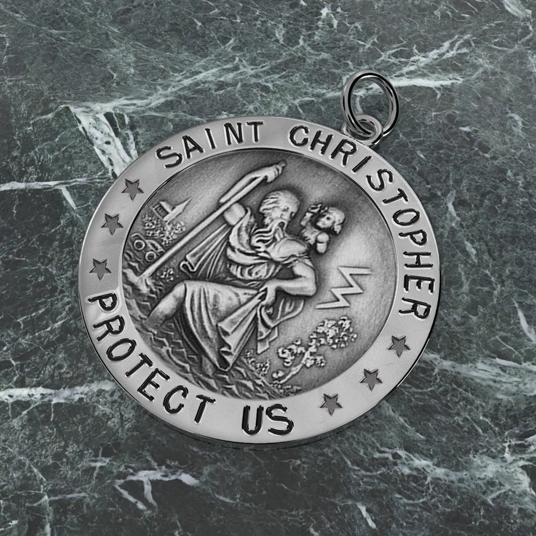 Ladies 925 Sterling Silver St Christopher Round Antique Pendant Necklace, 22mm