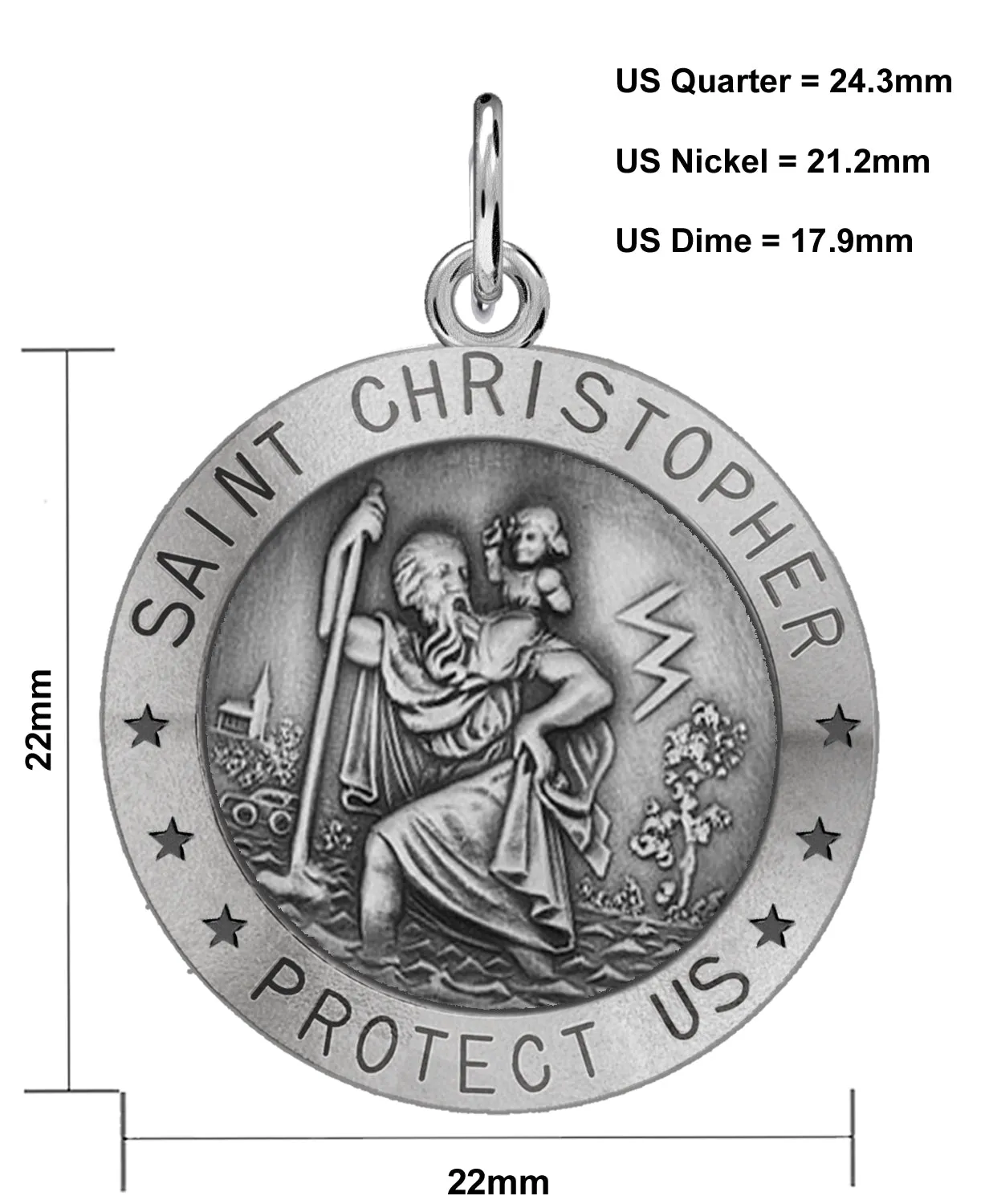 Ladies 925 Sterling Silver St Christopher Round Antique Pendant Necklace, 22mm