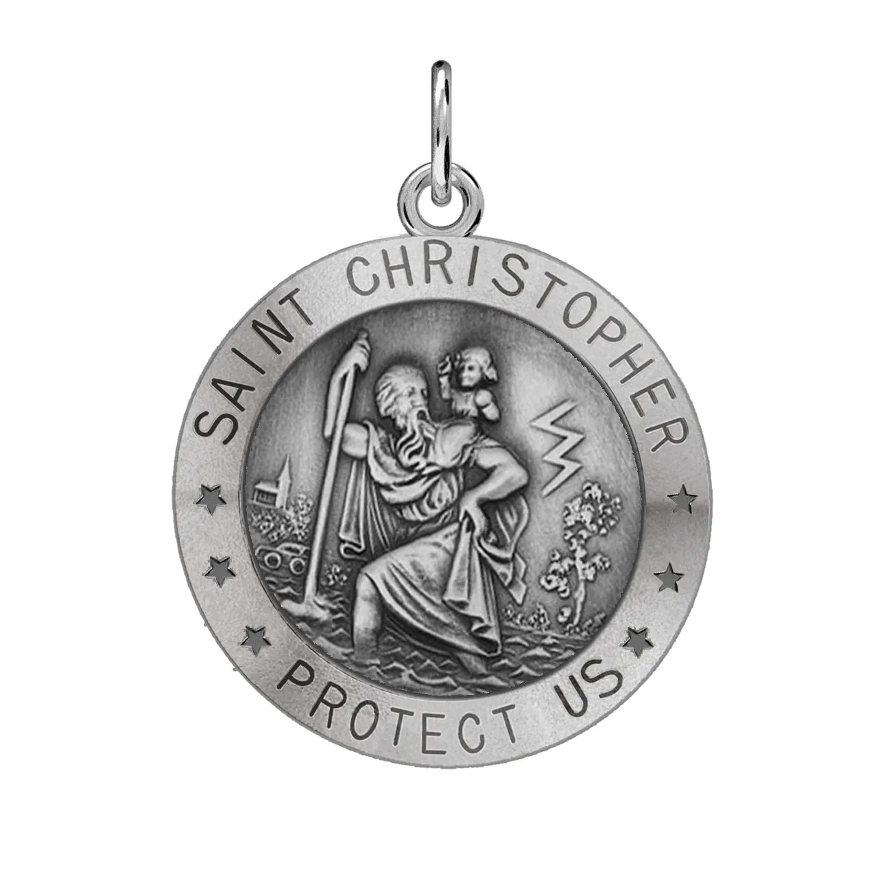 Ladies 925 Sterling Silver St Christopher Round Antique Pendant Necklace, 22mm