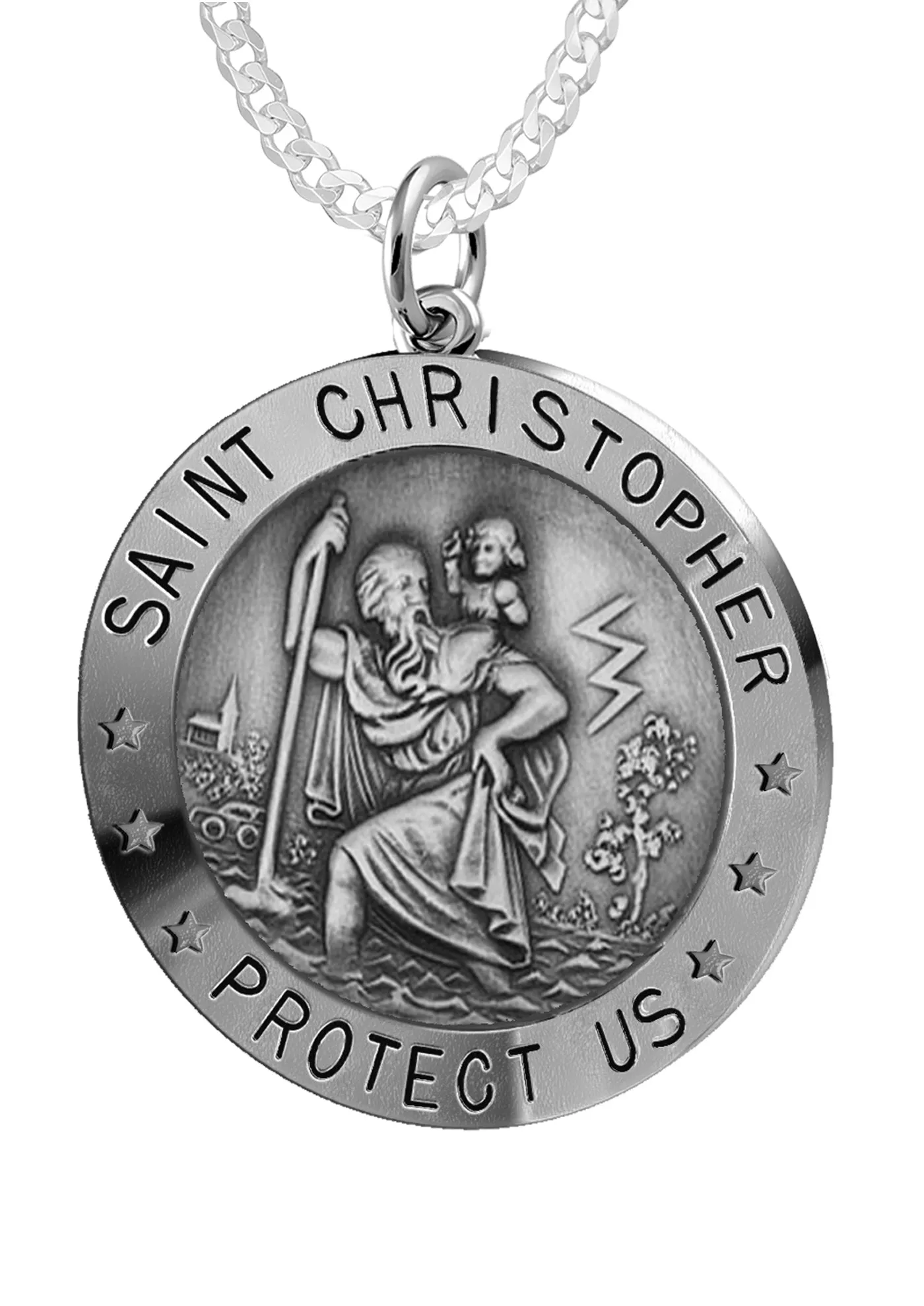 Ladies 925 Sterling Silver St Christopher Round Antique Pendant Necklace, 22mm