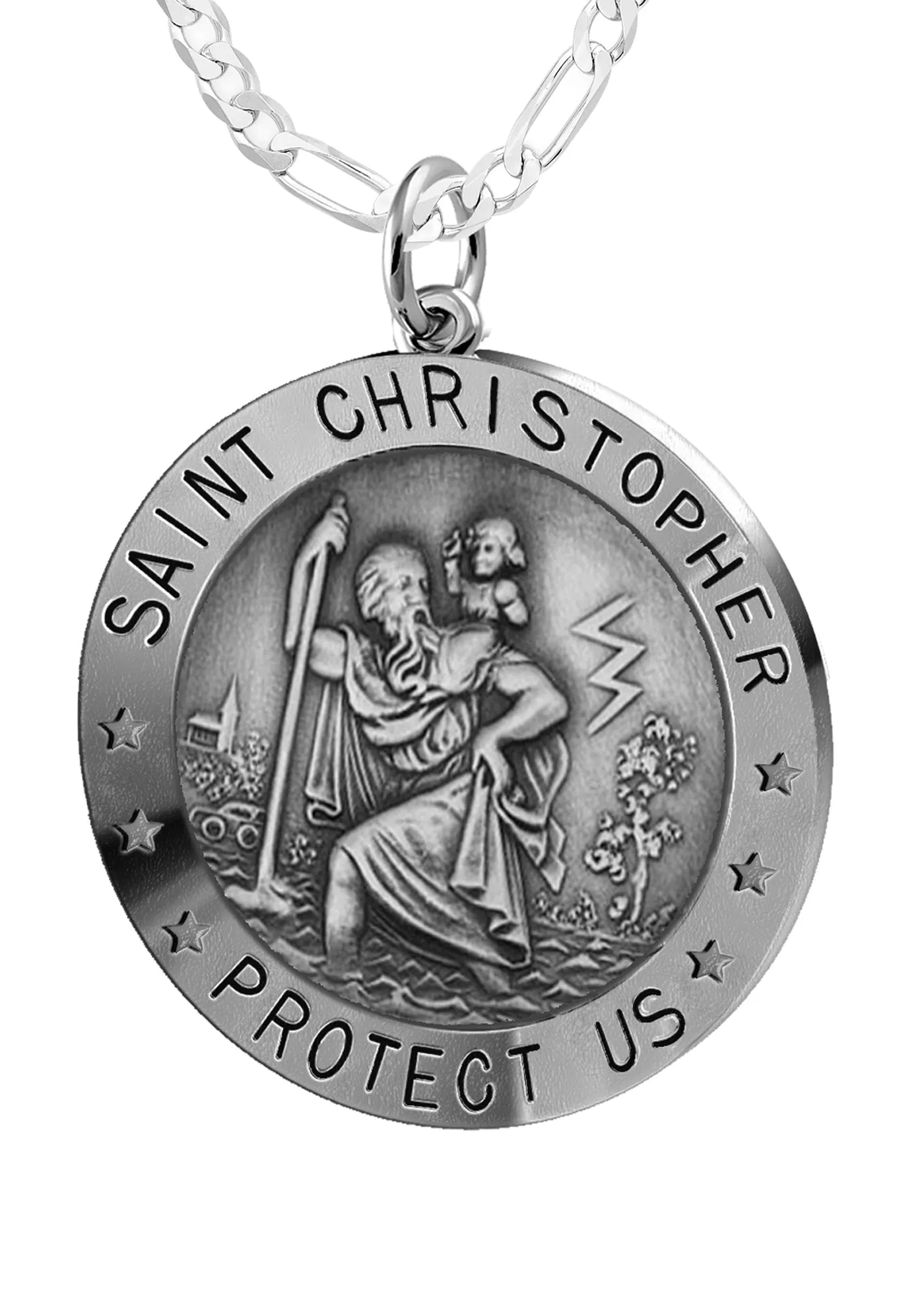 Ladies 925 Sterling Silver St Christopher Round Antique Pendant Necklace, 22mm