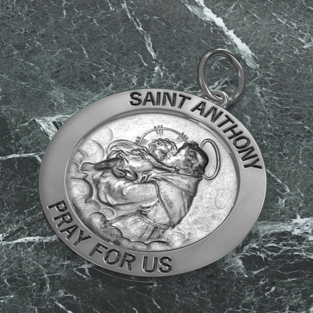 Ladies Antique 925 Sterling Silver Saint Anthony Round Pendant Necklace, 22mm