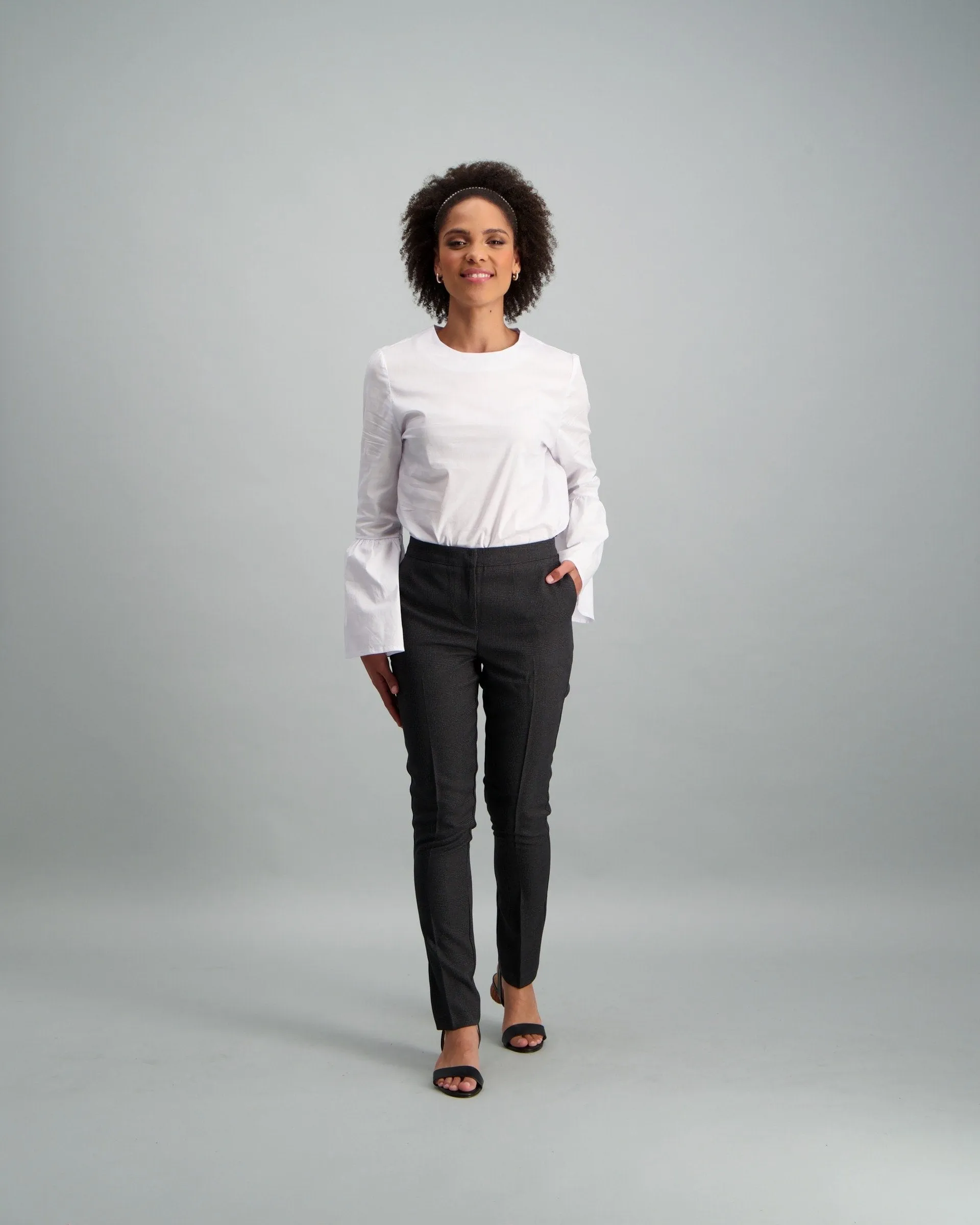 Ladies-Check Elastic Waist Pant Charcoal