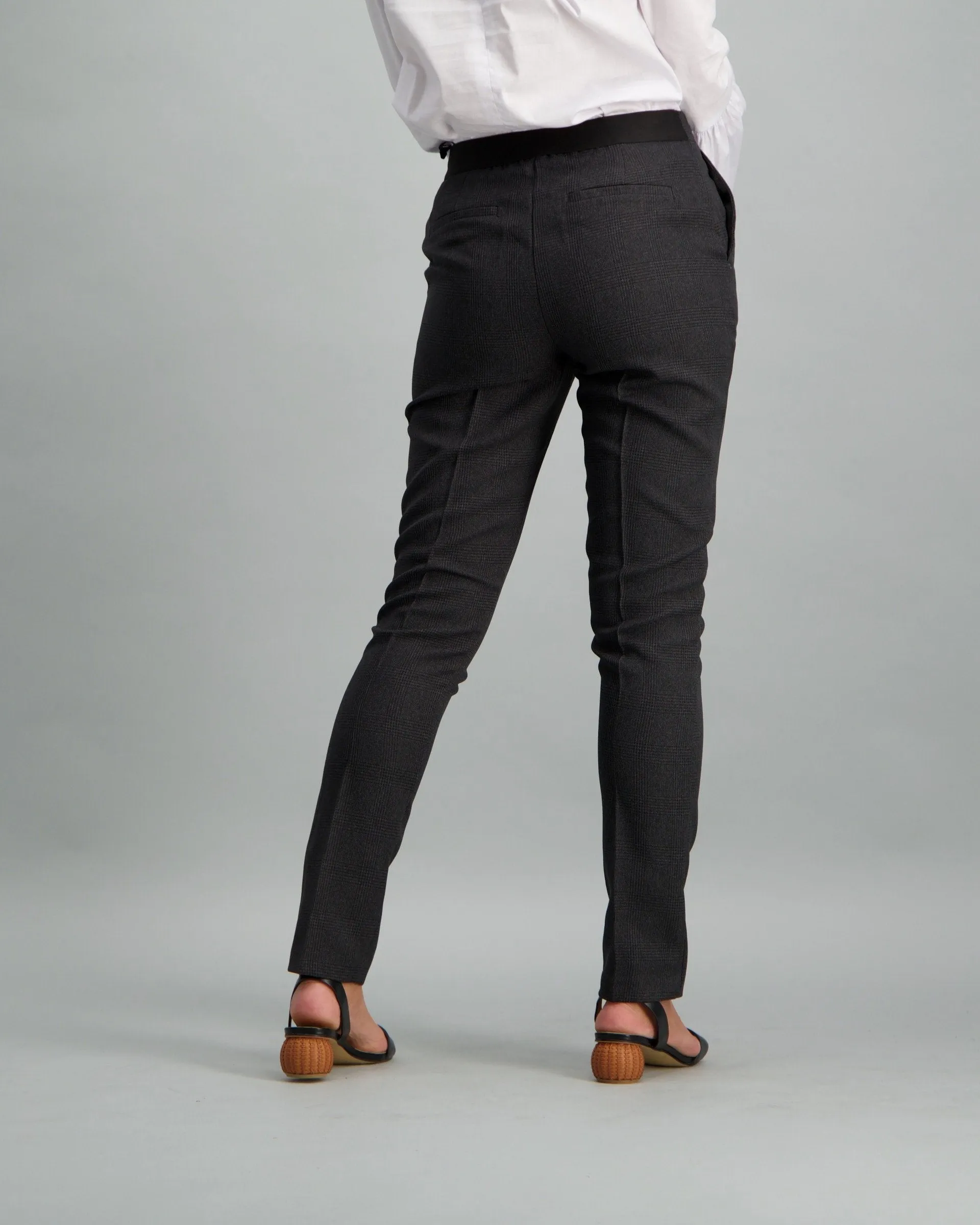 Ladies-Check Elastic Waist Pant Charcoal