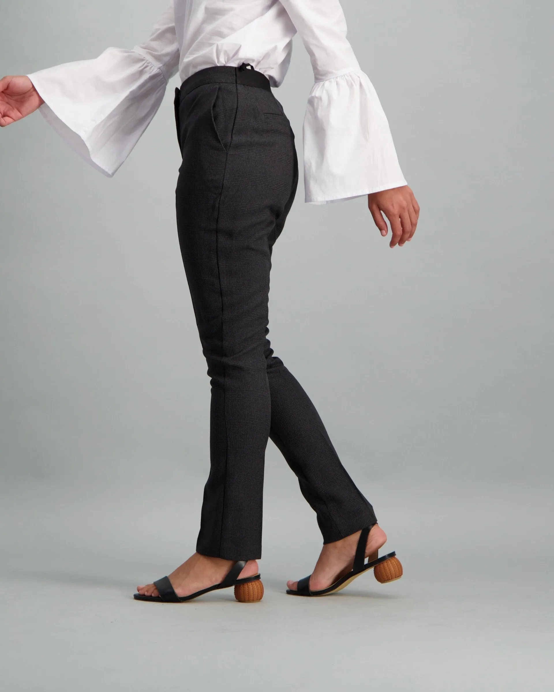 Ladies-Check Elastic Waist Pant Charcoal
