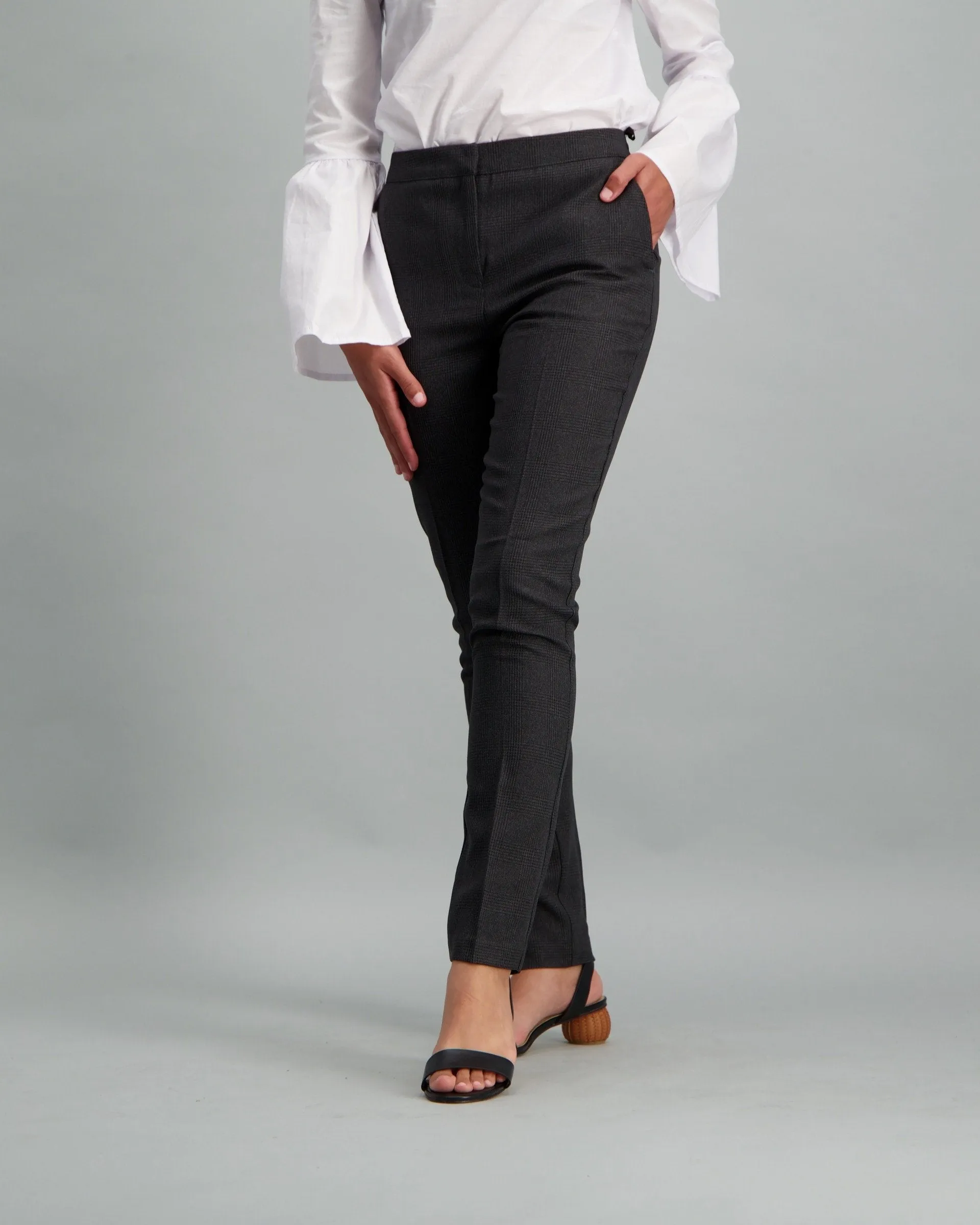 Ladies-Check Elastic Waist Pant Charcoal