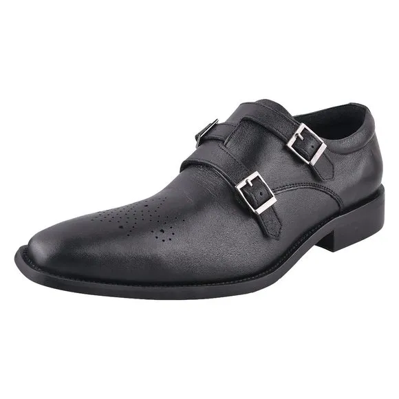 LIBERTYZENO Black Leather Oxford Style Monk Straps