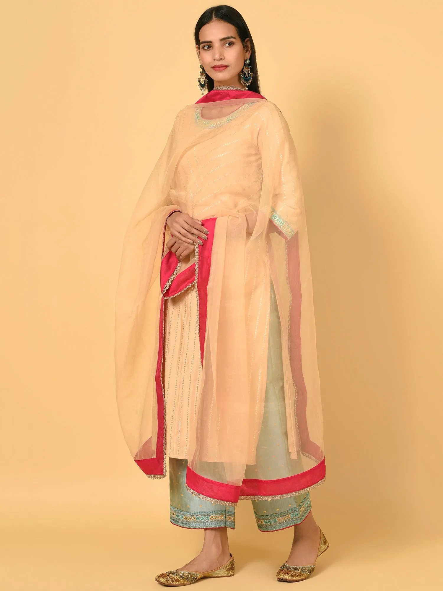 Light up in the Ecru Kurta Pant and Dupatta set
