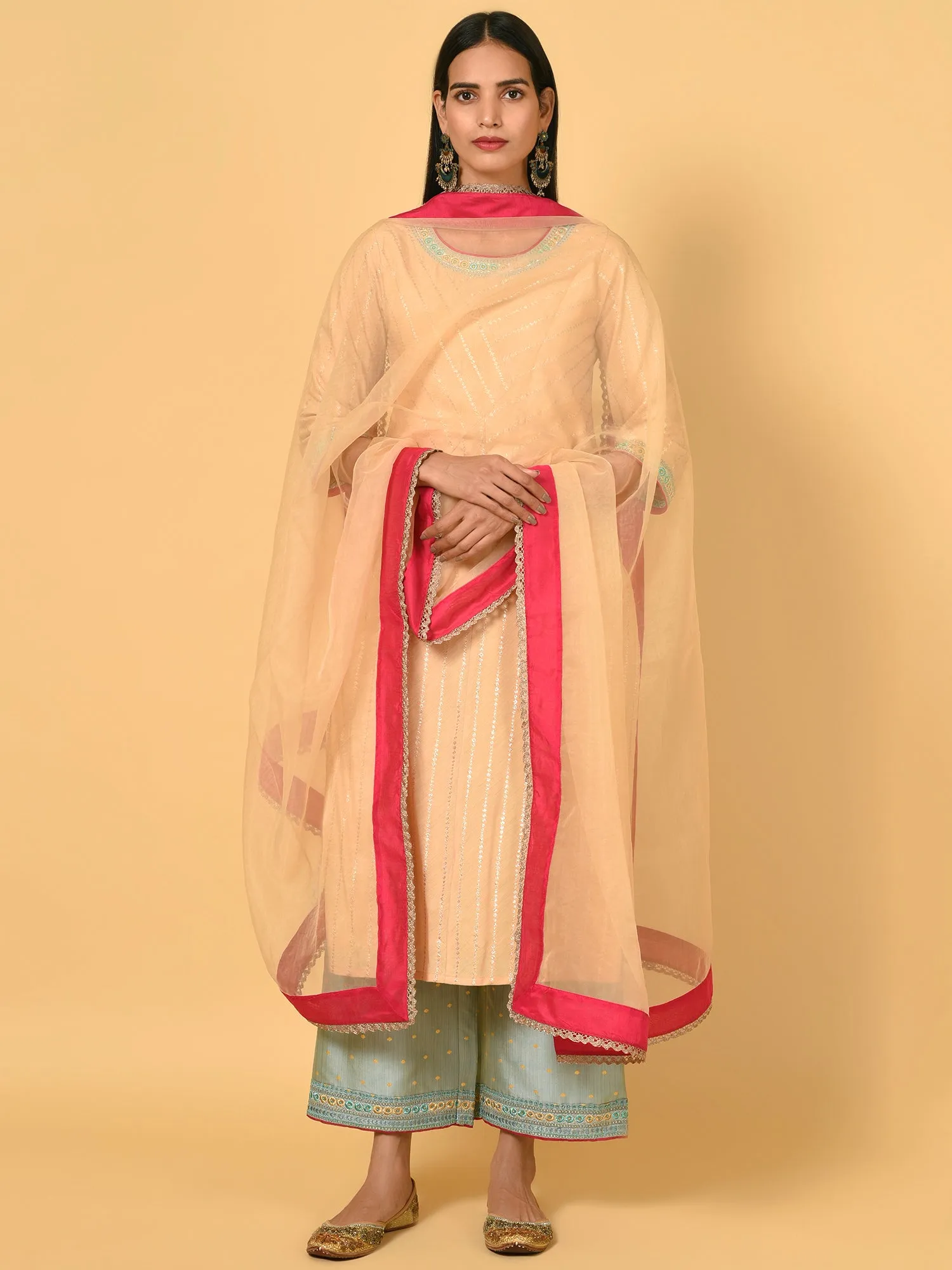 Light up in the Ecru Kurta Pant and Dupatta set