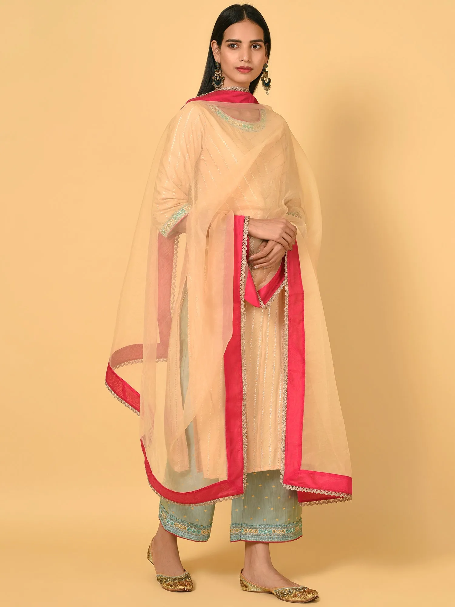 Light up in the Ecru Kurta Pant and Dupatta set