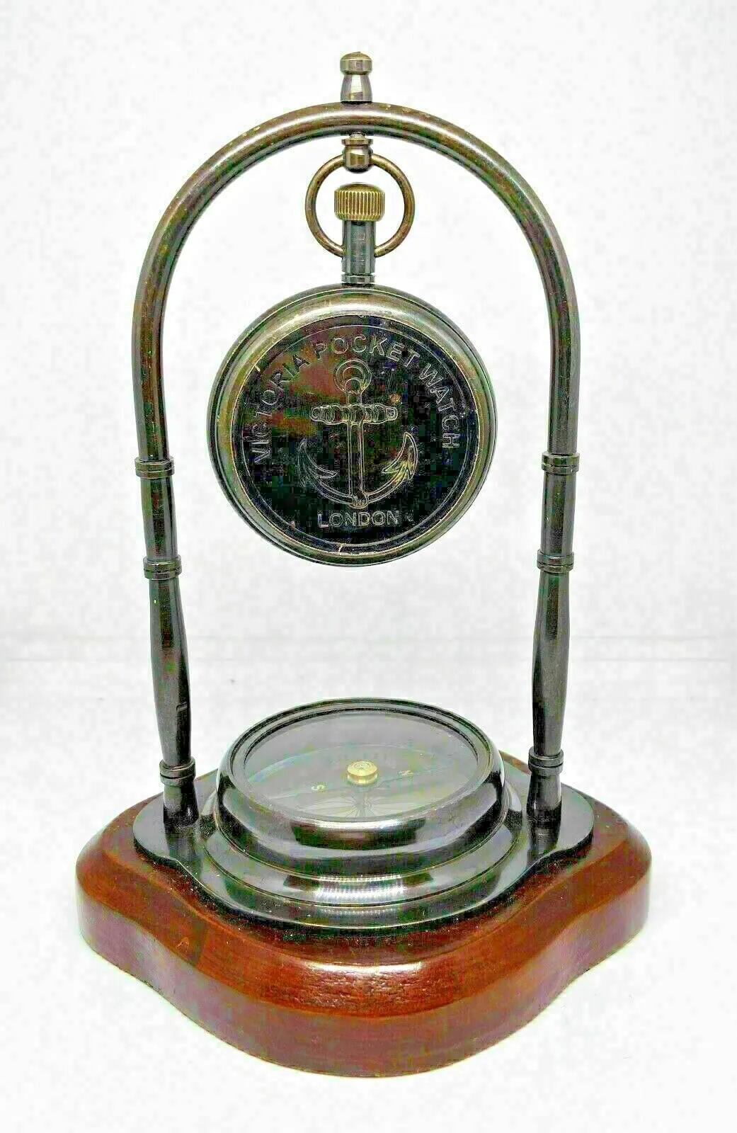 LINE WOOD™ - Nautical Brass Table Clock Desk Clock Watch with Wooden Base Direction Compass for Home & Office, Study, Living Room Decor(6 Inch - White Black)
