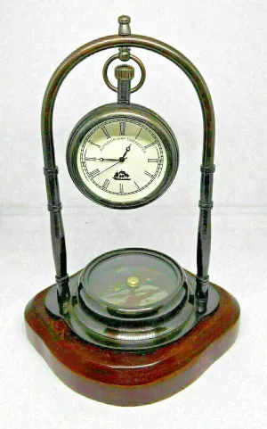 LINE WOOD™ - Nautical Brass Table Clock Desk Clock Watch with Wooden Base Direction Compass for Home & Office, Study, Living Room Decor(6 Inch - White Black)