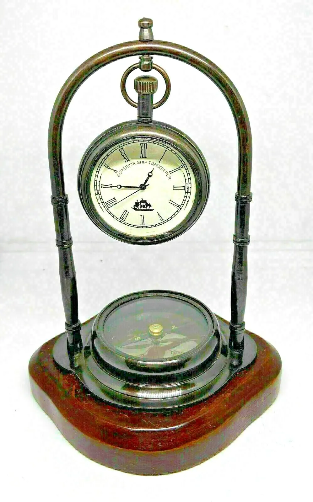 LINE WOOD™ - Nautical Brass Table Clock Desk Clock Watch with Wooden Base Direction Compass for Home & Office, Study, Living Room Decor(6 Inch - White Black)